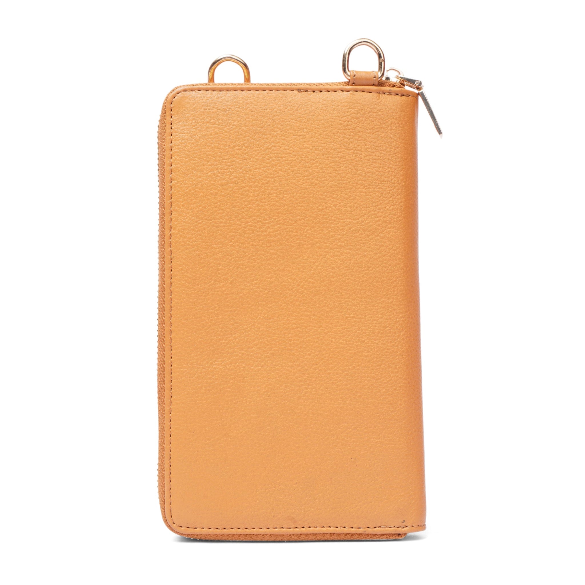 Back view of a Tan Minori leather wallet crossbody bag showcasing its clean, minimal rear panel with D-rings and zipper.