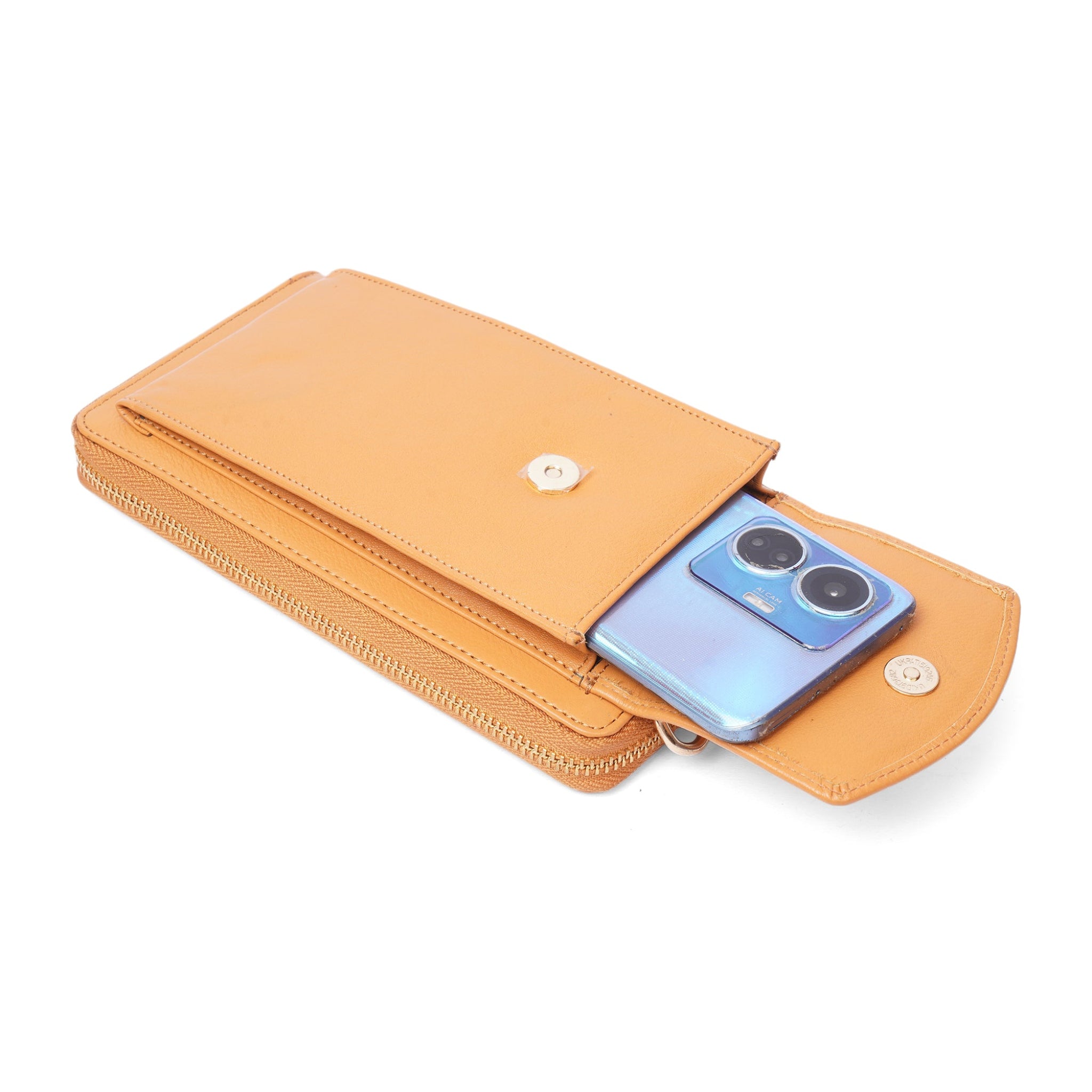 Open view of the front pocket of the Tan Minori leather wallet crossbody bag with a smartphone partially inserted.