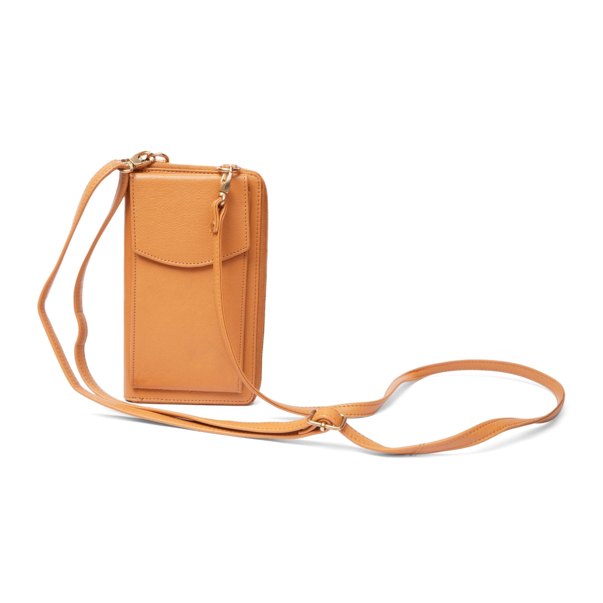 Tan Minori leather wallet crossbody bag displayed with its adjustable shoulder strap extended outward.