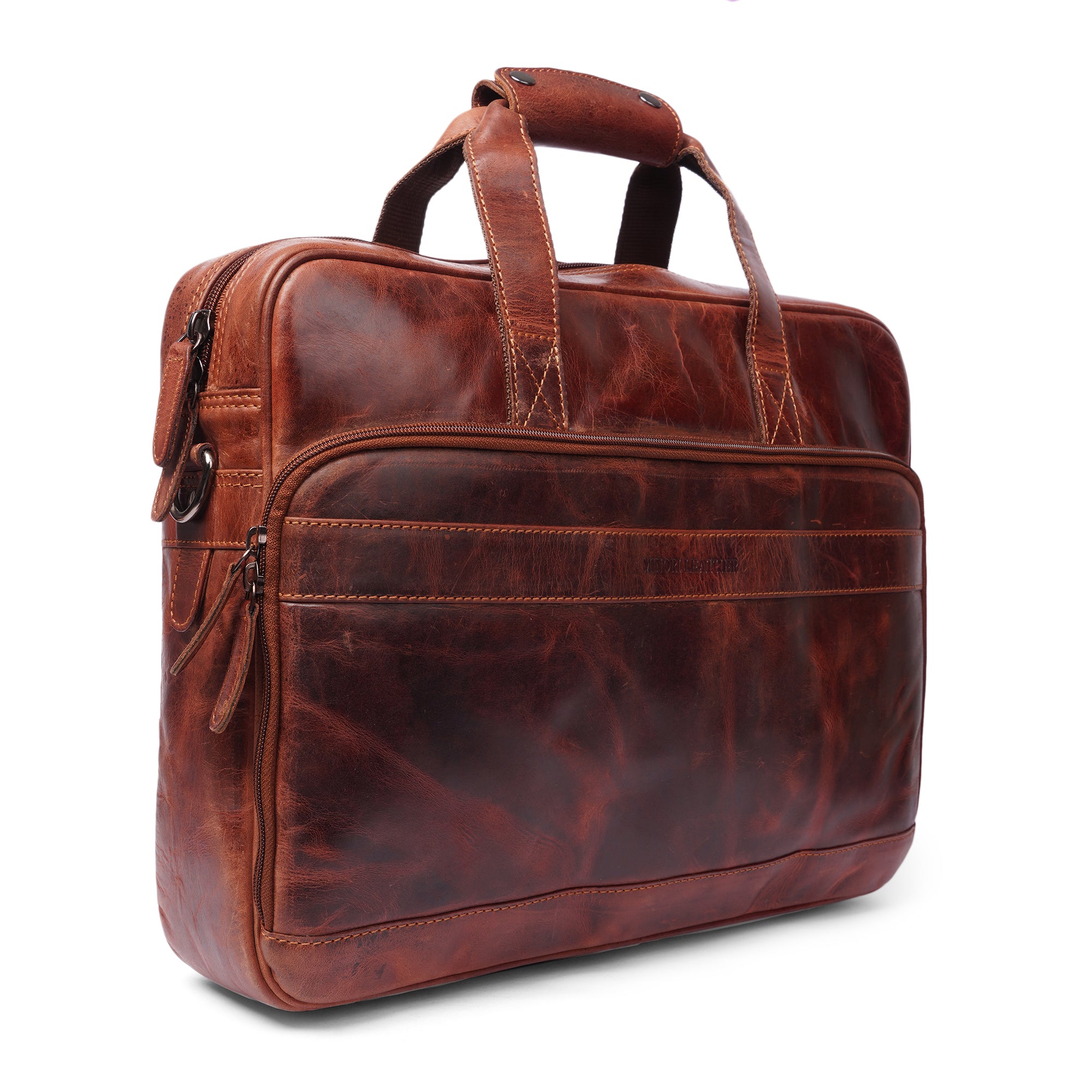 Brown leather briefcase on a white background