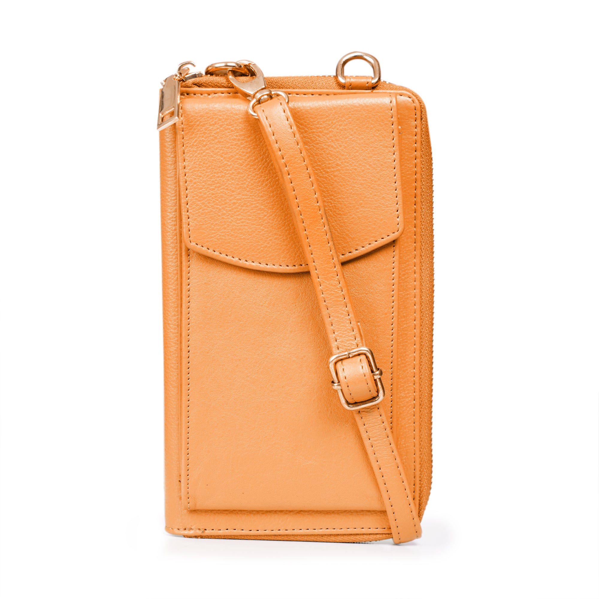 Front view of a Tan Minori leather wallet crossbody bag with the strap buckled diagonally across the front flap.