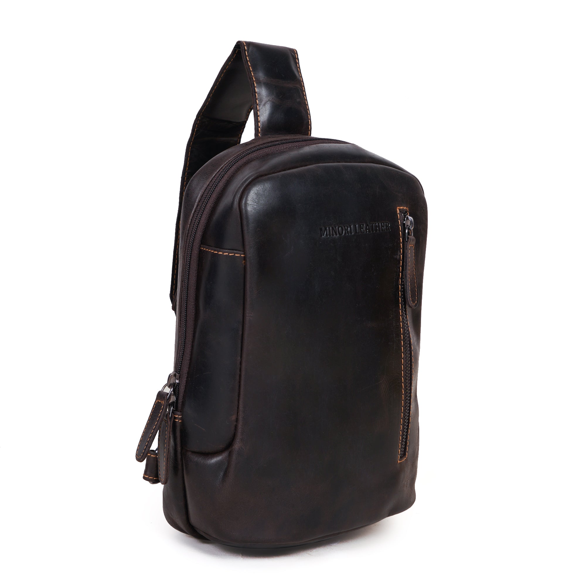 Brown Luxe Leather Sling Bag by Minori Leather, unisex crossbody bag with sleek design and adjustable strap.
