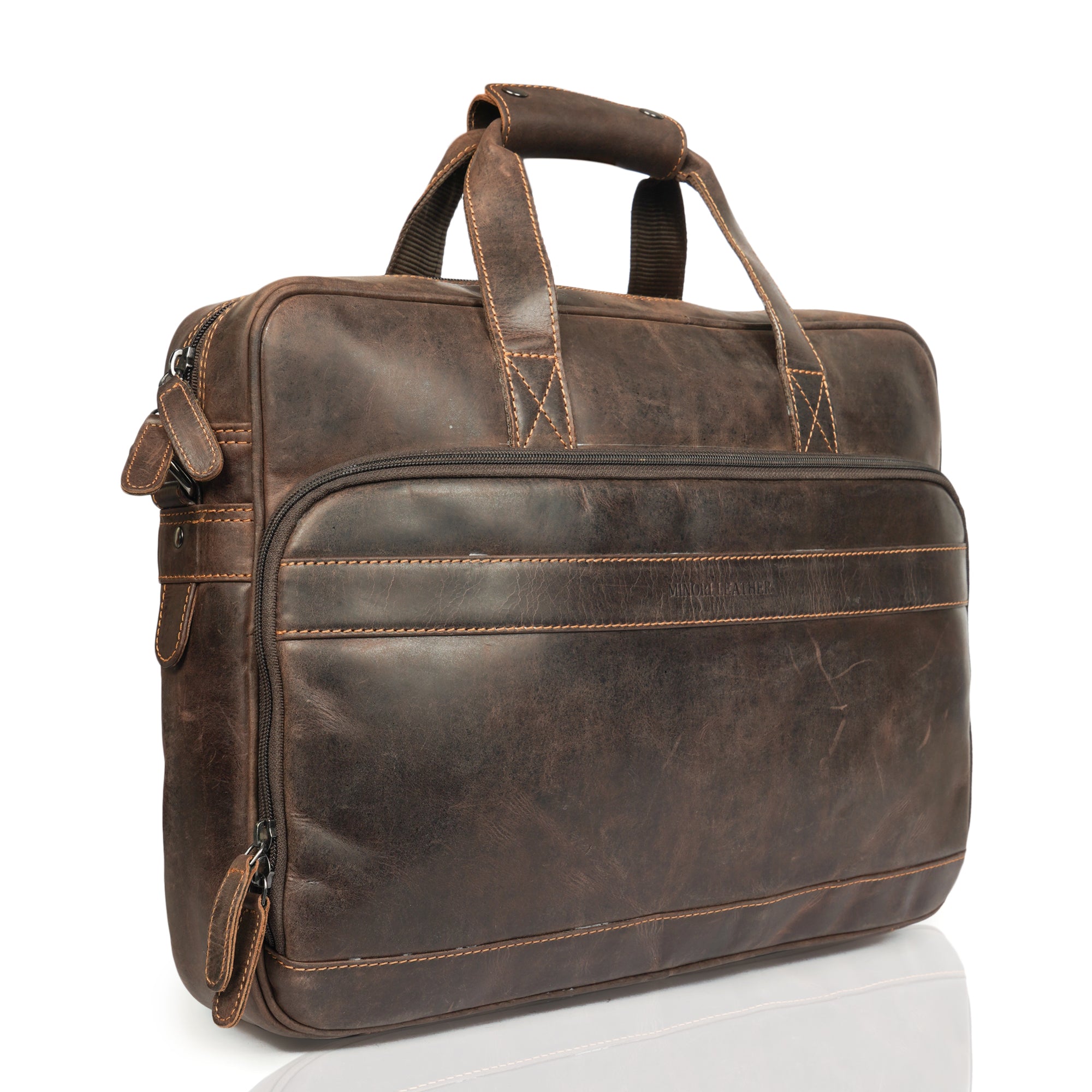 Brown Sutton Leather Briefcase Bag by Minori Leather, 16-inch unisex leather briefcase with sturdy handles and sleek design.