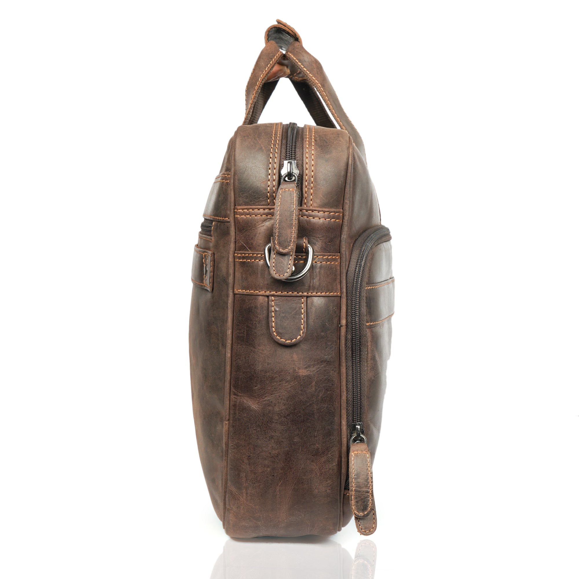Brown Sutton leather briefcase bag by Minori Leather, 16-inch unisex design with sturdy handles and sleek exterior.