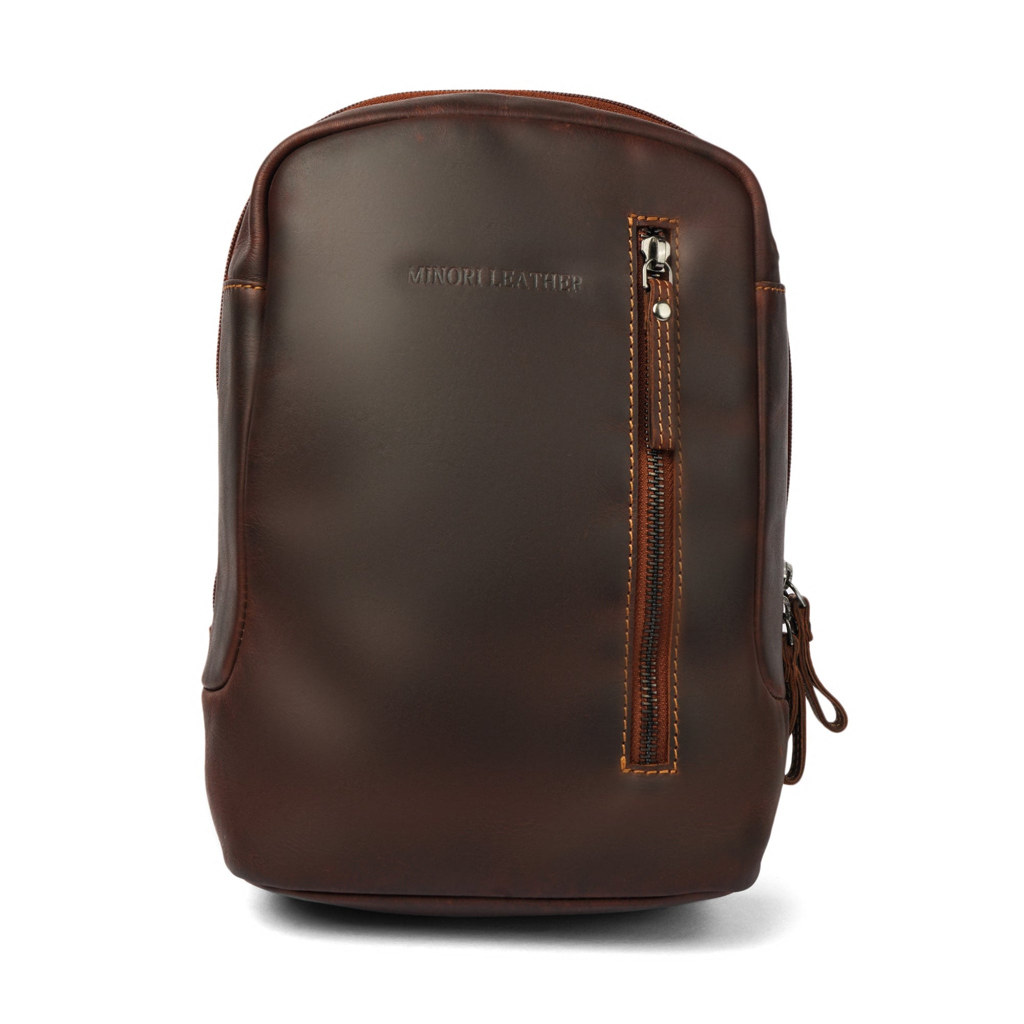 Front view of a sleek brown leather sling bag with a vertical zipper pocket and "MINORI LEATHER" embossed branding
