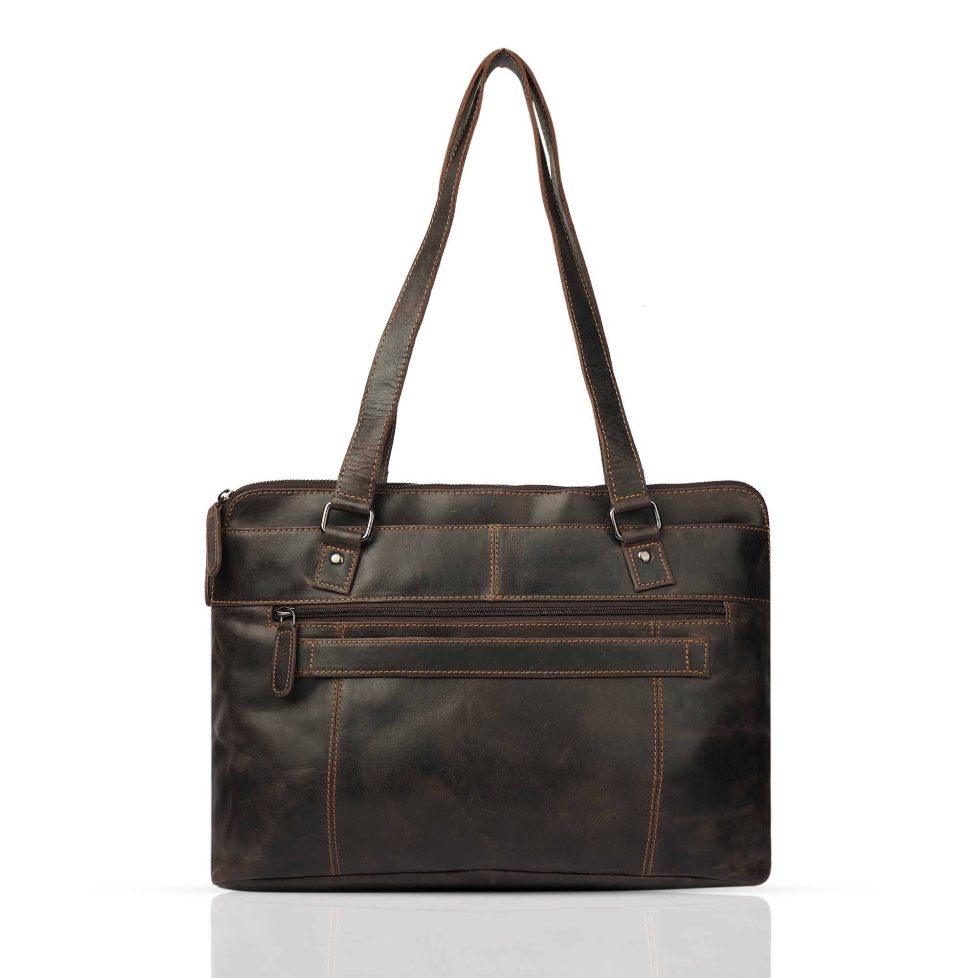 Minori Leather Camille leather laptop tote bag showing sleek black design with sturdy handles and spacious interior for laptops