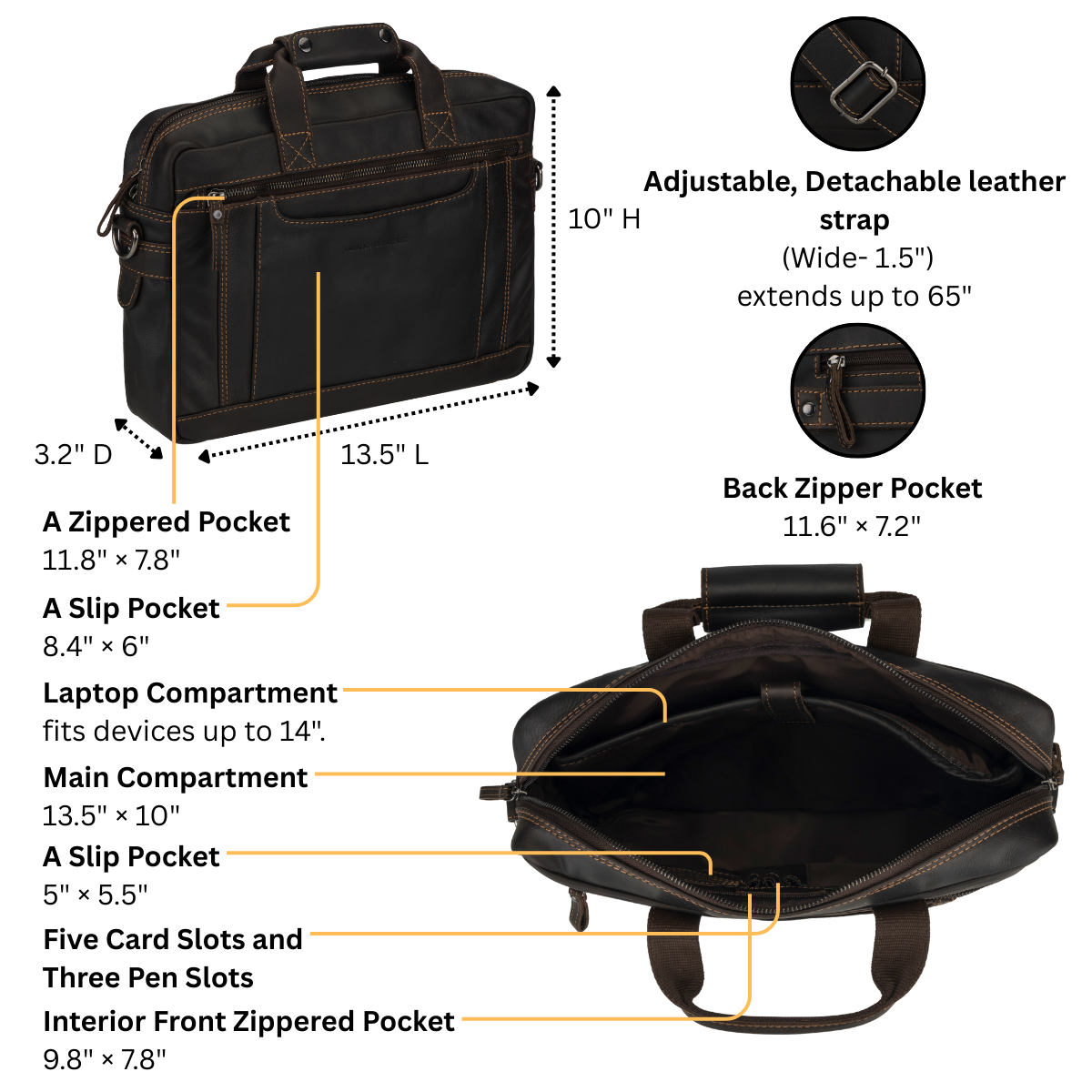 Black briefcase with features highlighted and measurements shown