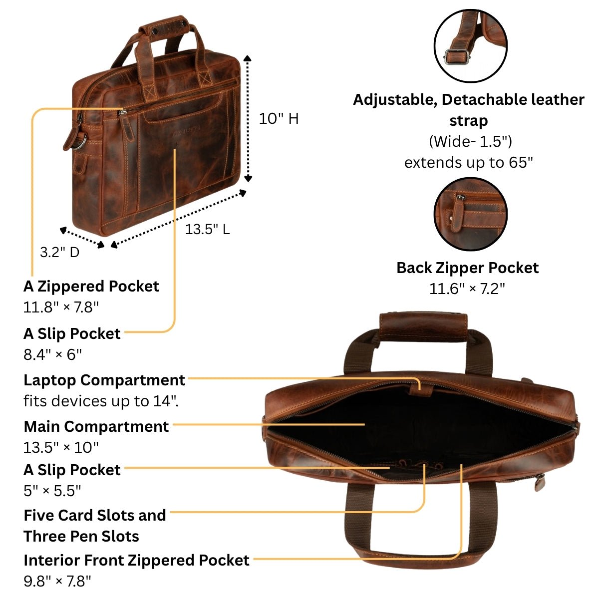 Seattle Leather Briefcase Bag 14-inch in chestnut, unisex design with detailed leather craftsmanship by Minori Leather.