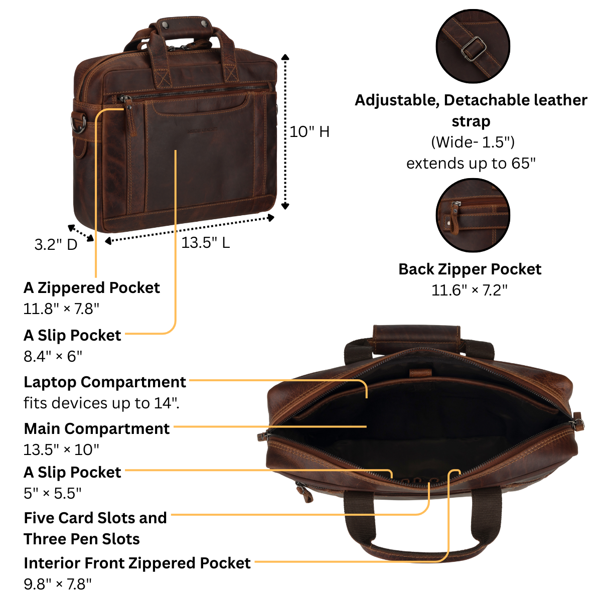 Brown leather briefcase with features labeled on a white background