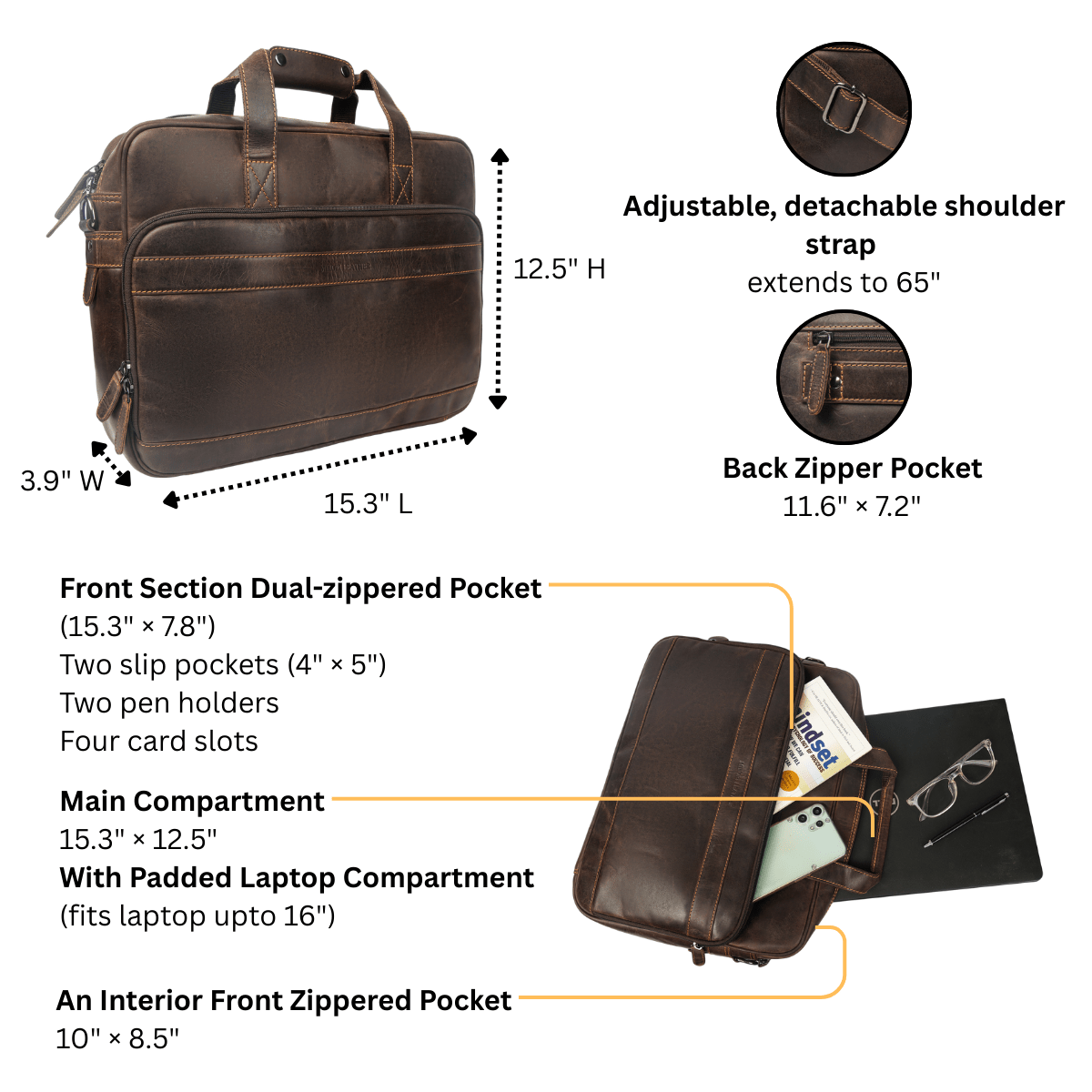 Brown Sutton leather briefcase bag by Minori Leather featuring sturdy handles and a sleek unisex design.