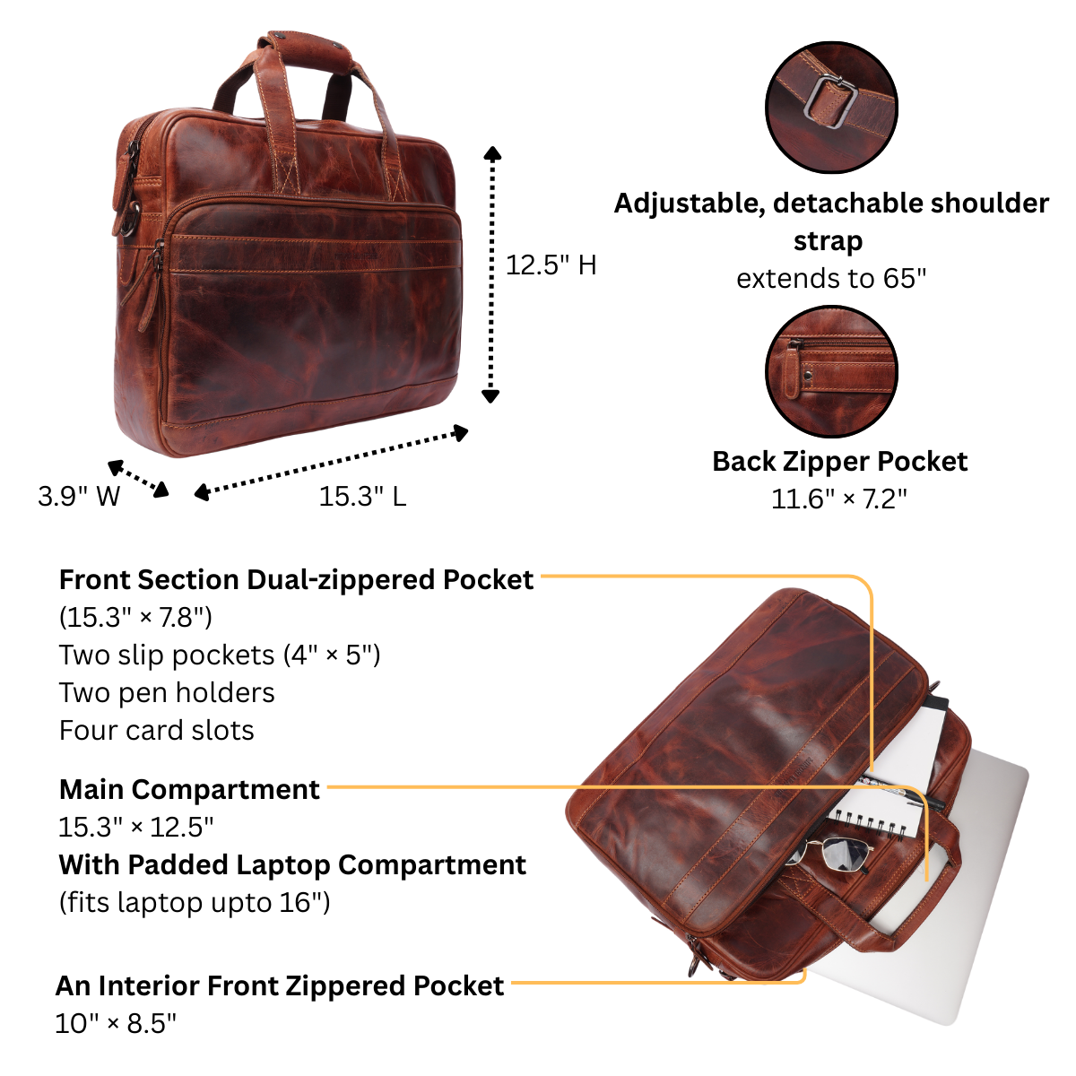 Brown leather briefcase with features highlighted on a white background