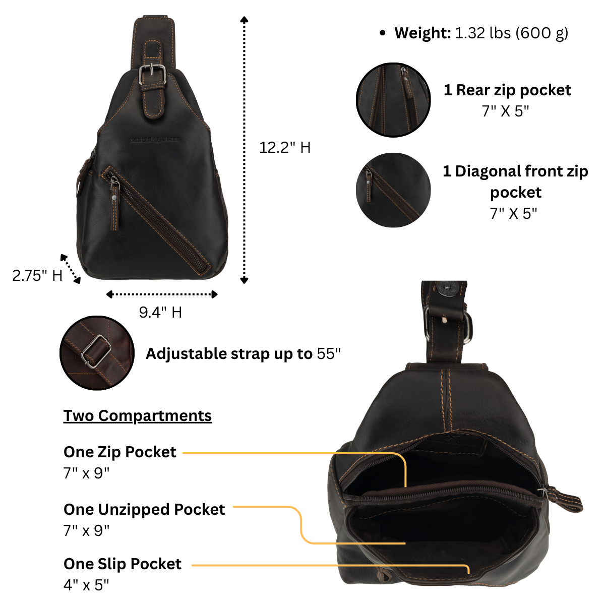 Black sling bag with measurements and features on a white background