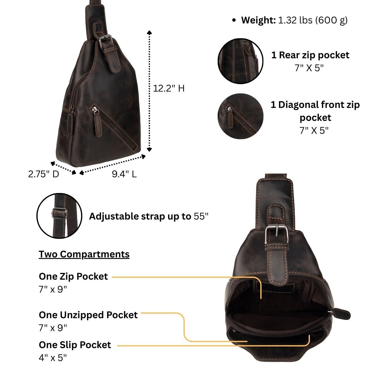 Brown Sydney leather crossbody bag by Minori Leather with adjustable strap and sleek unisex design.