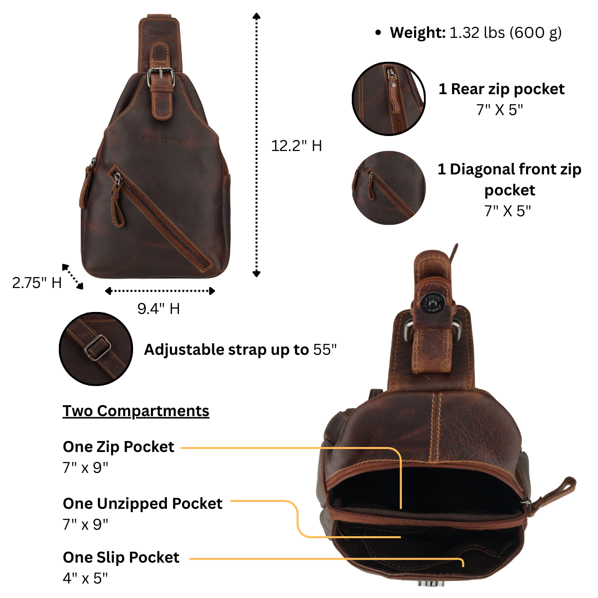 Brown leather sling bag with features and measurements on a white background
