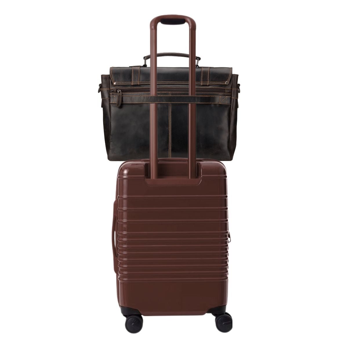 Brown Minori Leather Boston briefcase bag with trolley strap, designed for unisex use, featuring classic leather craftsmanship.