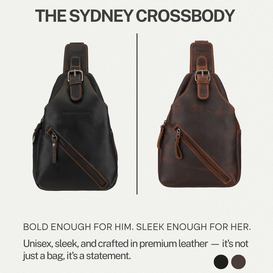 Sydney crossbody bag in black and brown on a white background with Minor Leather branding.
