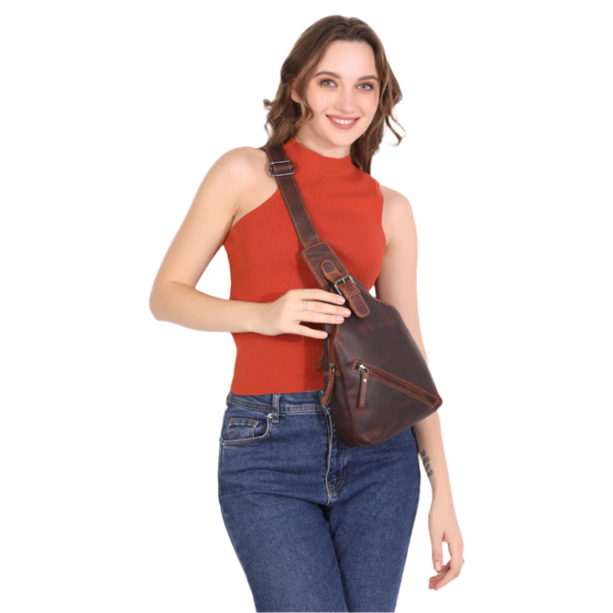 Woman holding a brown Minori leather bag against a white background