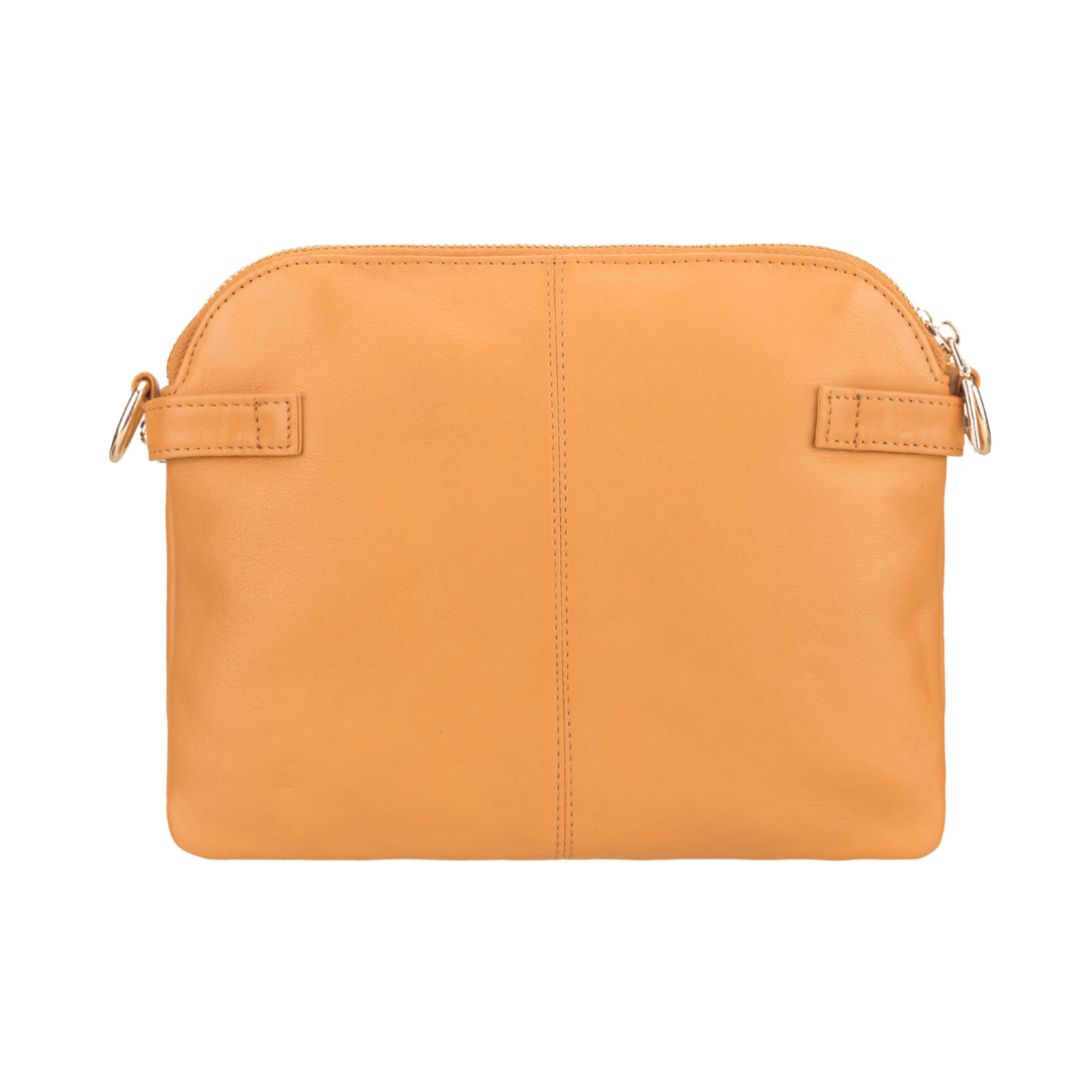 Back view of tan Minori leather handbag, featuring a clean design with central stitching.