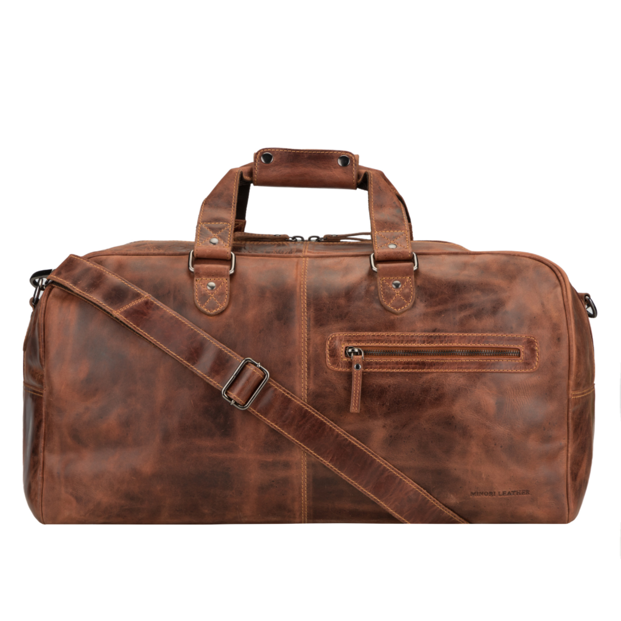 Front view of a chestnut brown Minori leather duffel bag with shoulder strap diagonally placed, showcasing its zipper pocket and vintage texture.