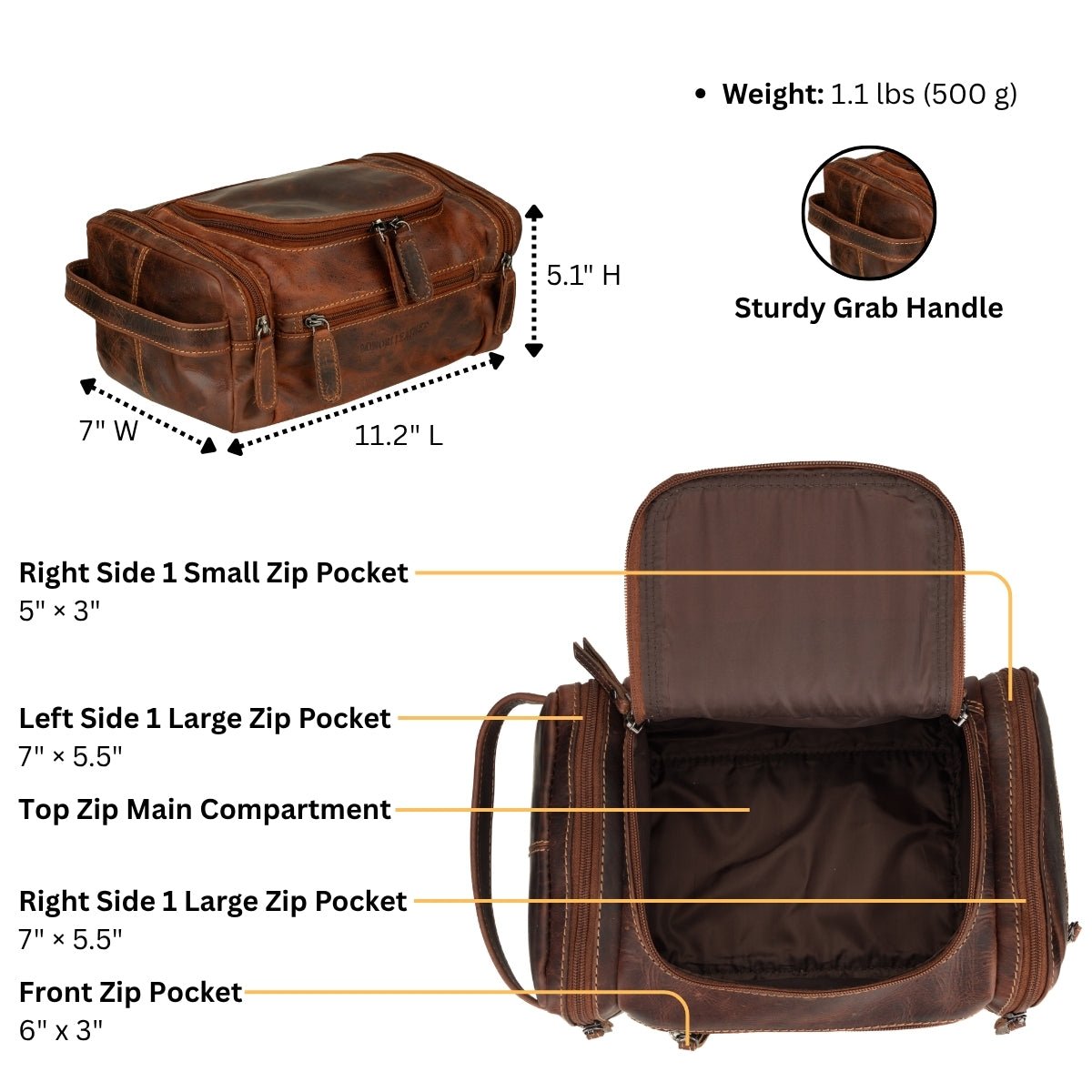 Minori Leather Winston chestnut leather toiletry bag with zippered compartments and sturdy handle, designed for men’s grooming essentials.