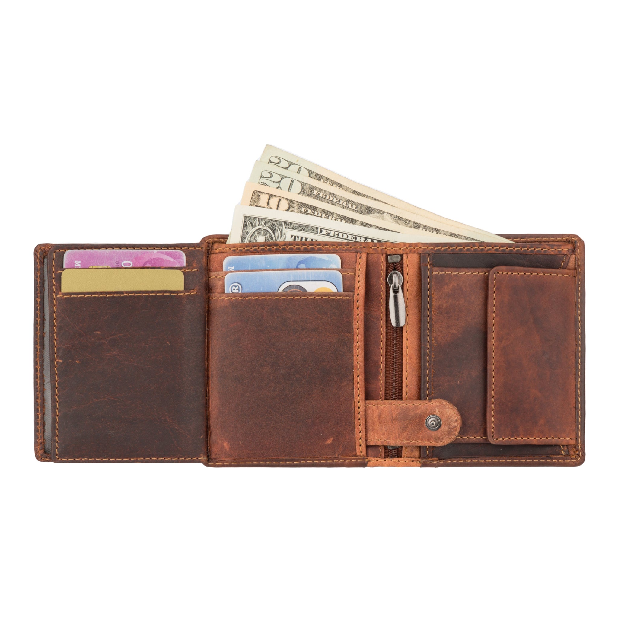 Open chestnut Minori leather wallet displaying multiple cards, cash bills, a coin pocket with zipper, and a snap-button closure.