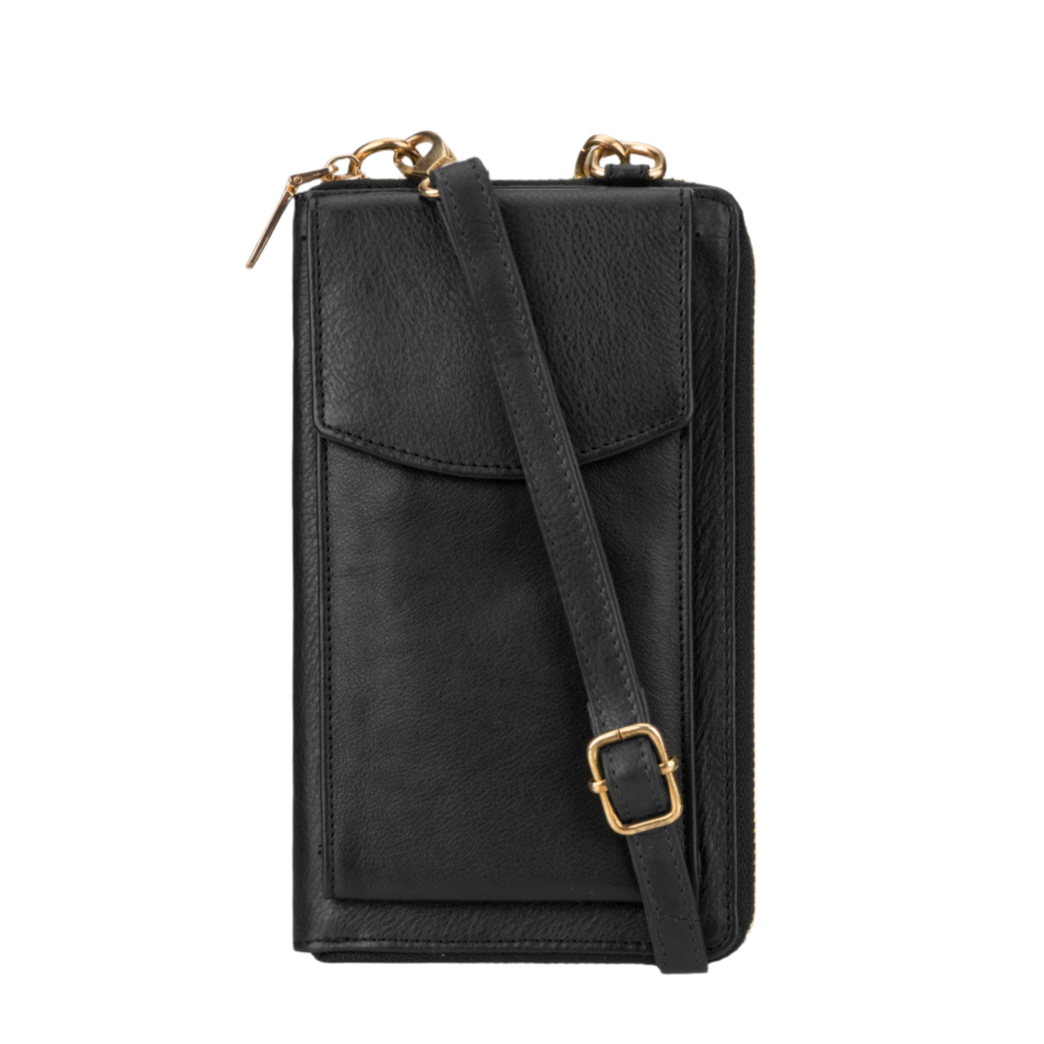 Close-up front view of black Minori leather wallet bag with crossbody strap and gold hardware.