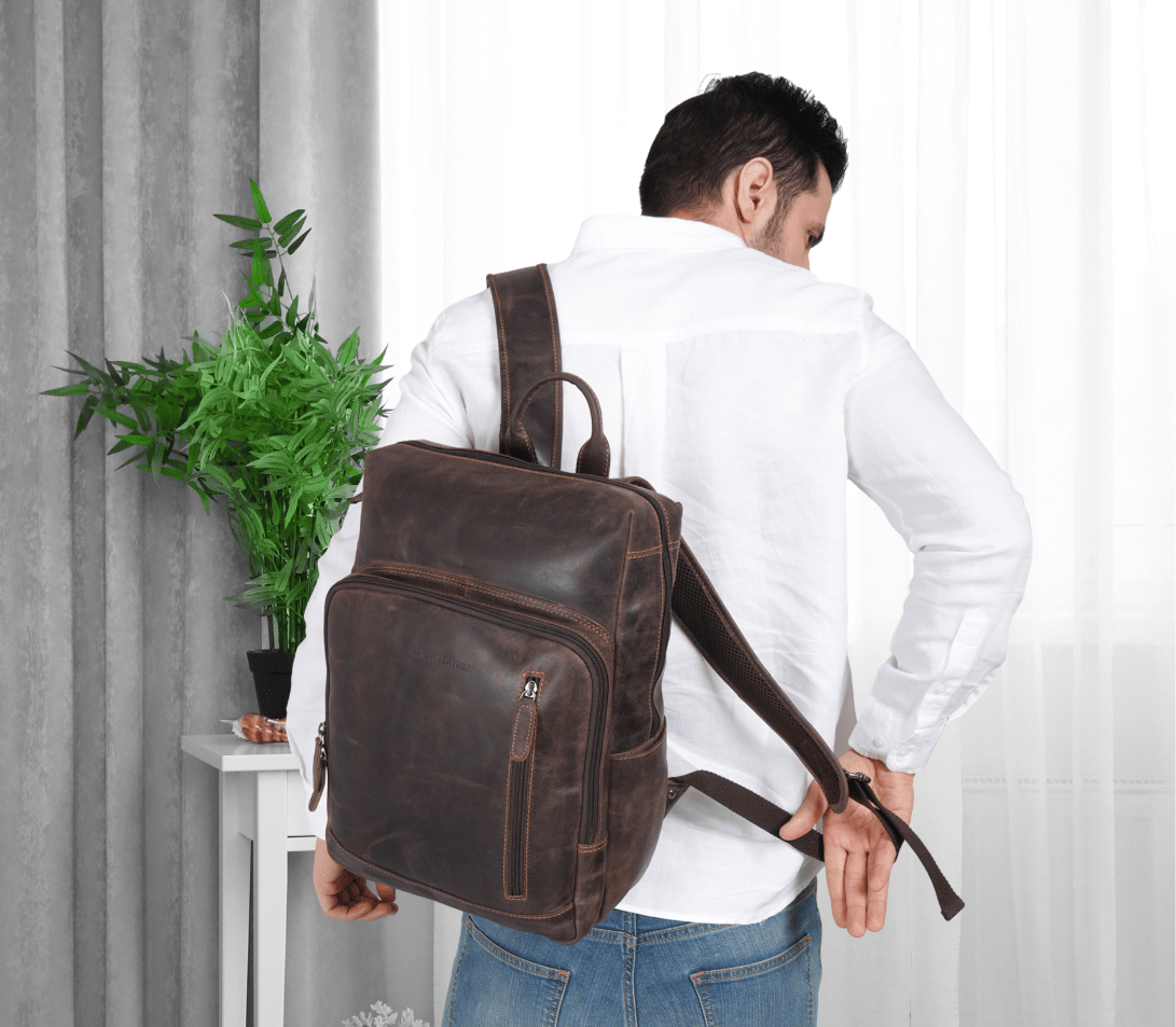 brown leather backpack outfit men Men's Full-Grain Leather,Brown Handmade Drawstring Rucksack Drawstring Rucksack The drawstring gathers the top of the main compartment before the flap folds over it Men's Leather Backpacks | Laptop