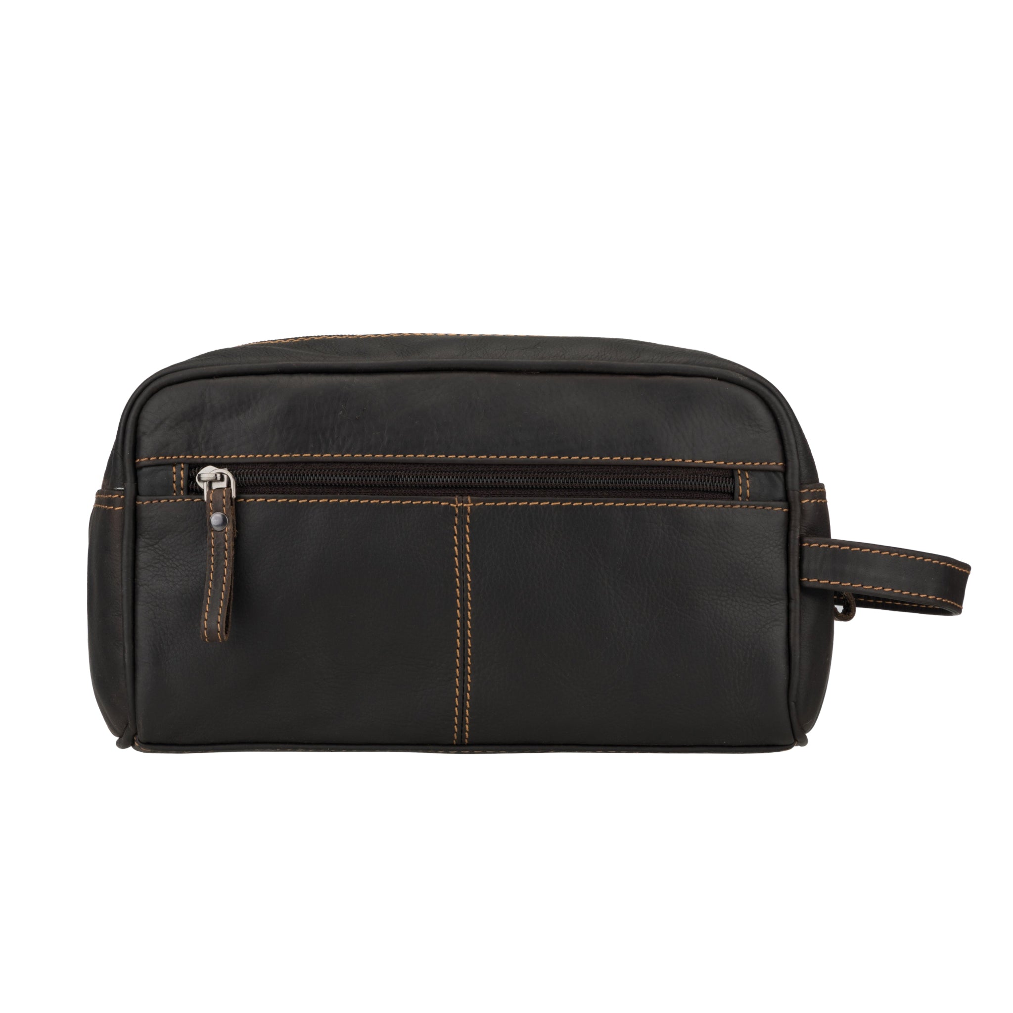 Back view of Brown Minori leather toiletry bag with zipper on a white background