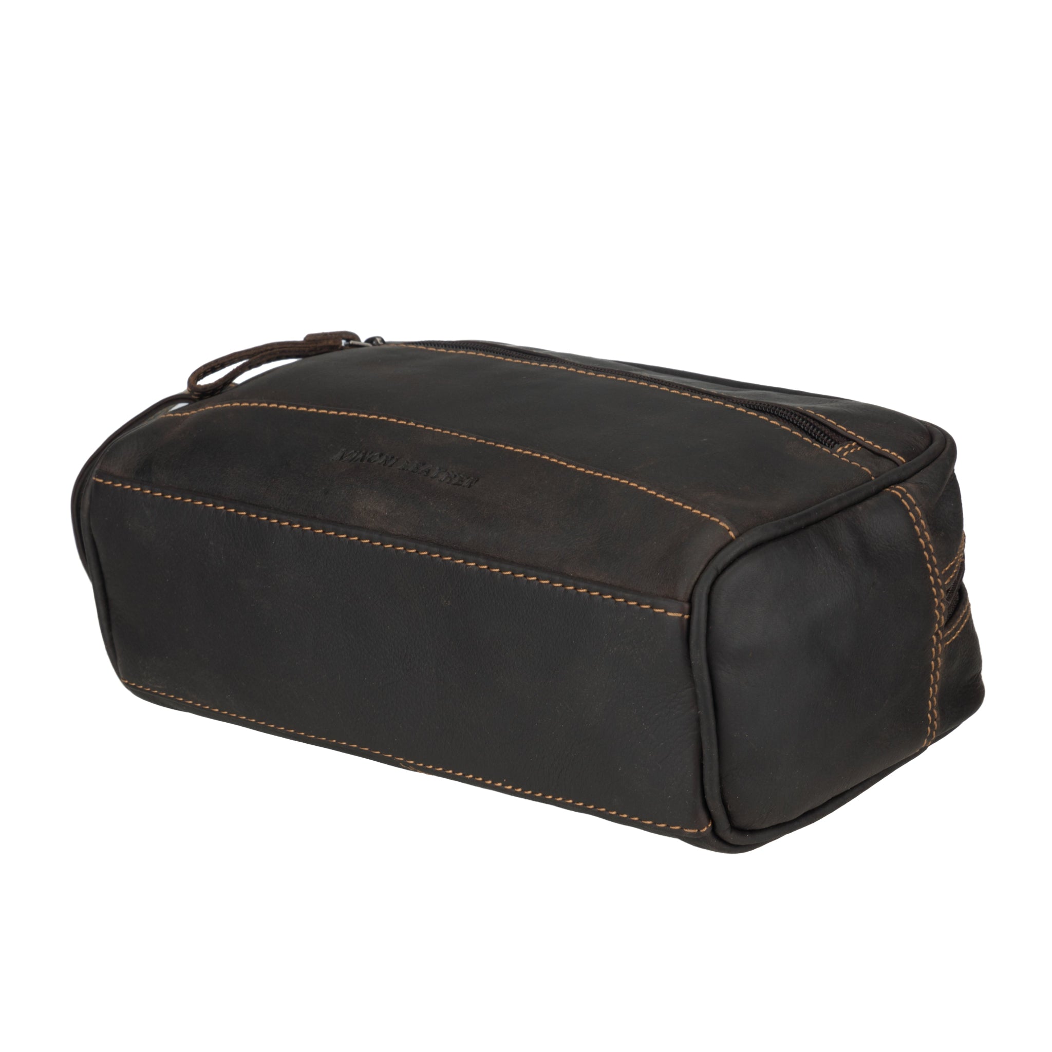 Brown minori leather toiletry bag with brown stitching on a white background