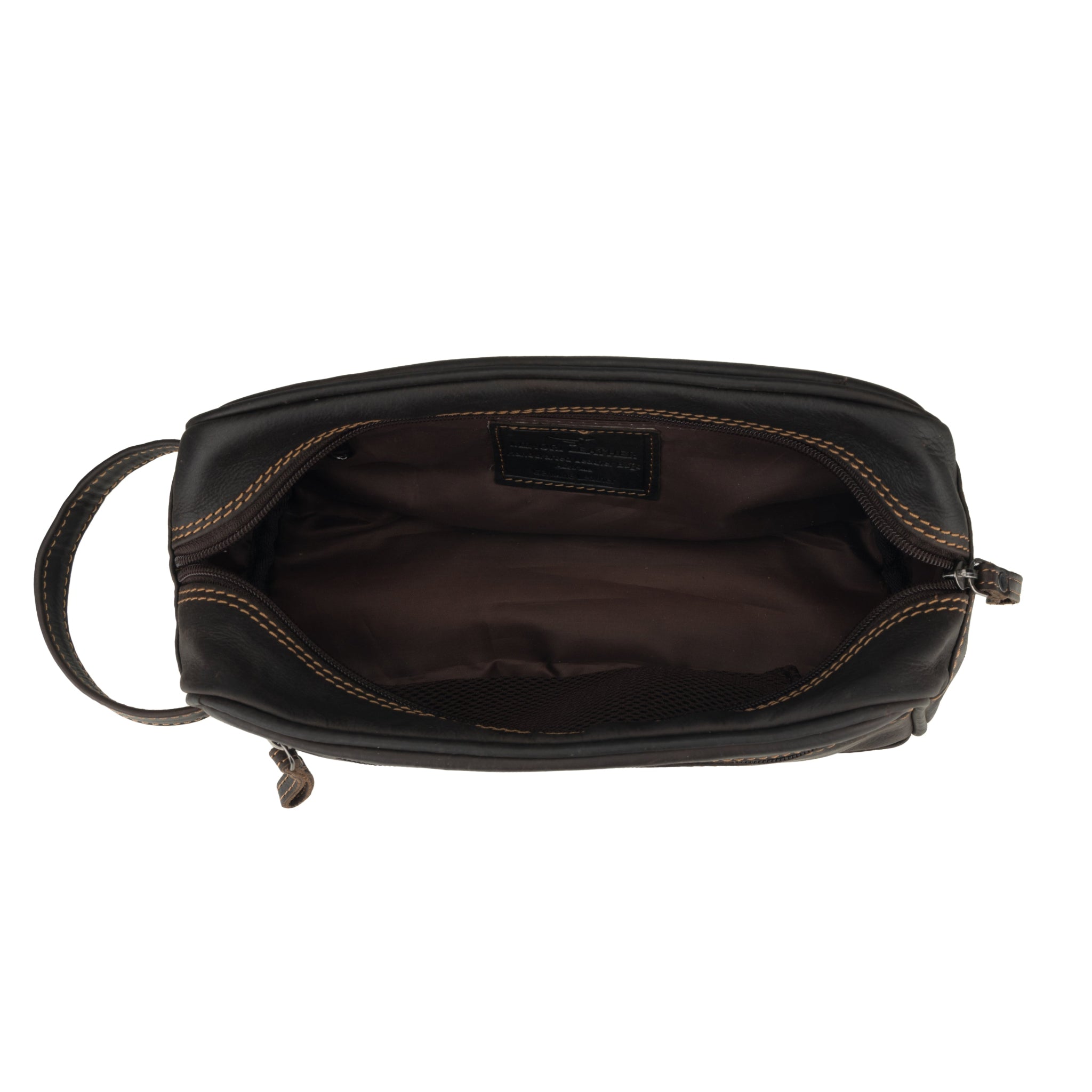 Brown Minori leather bag with visible stitching on a white background