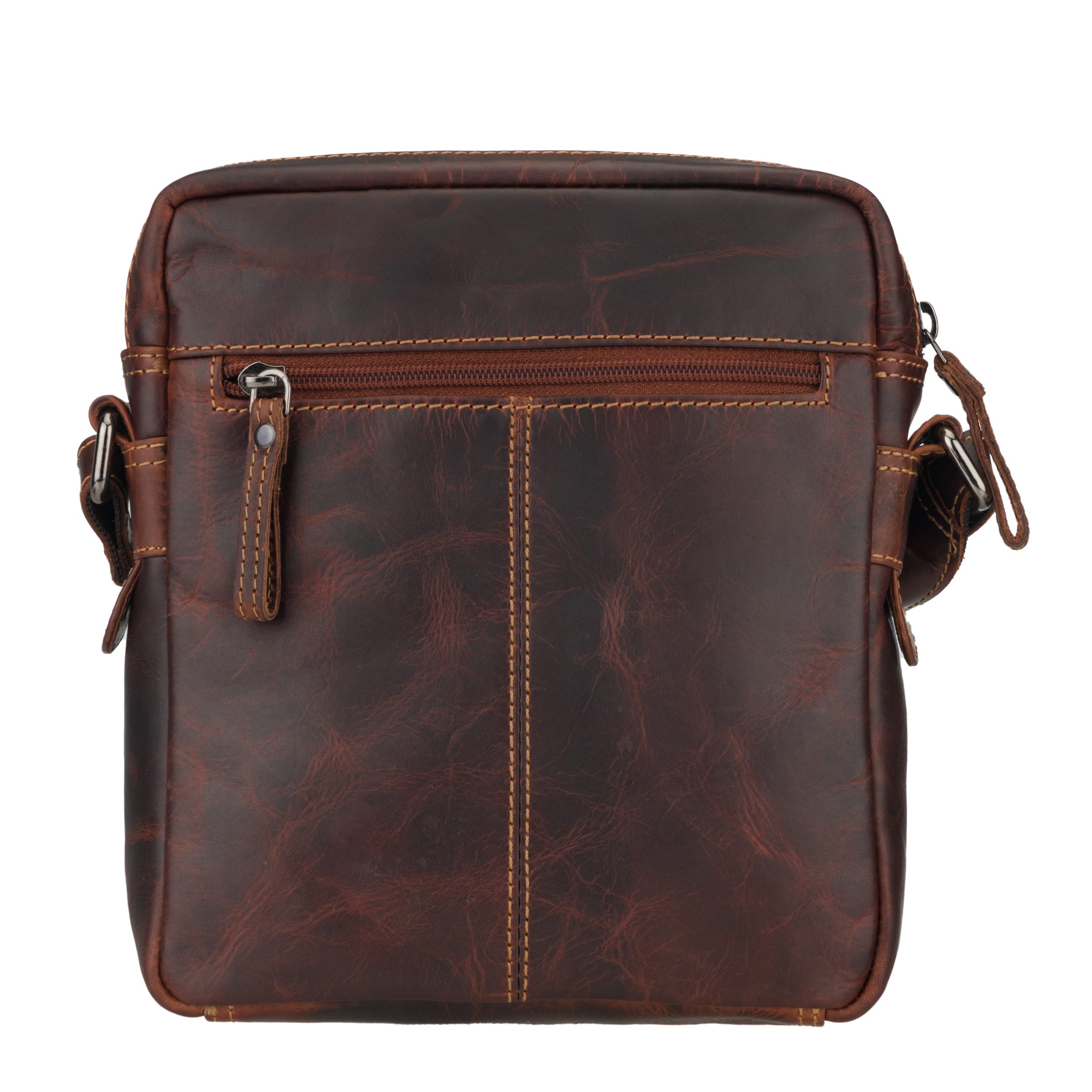 Back view of Brown Minori leather crossbody bag on a white background
