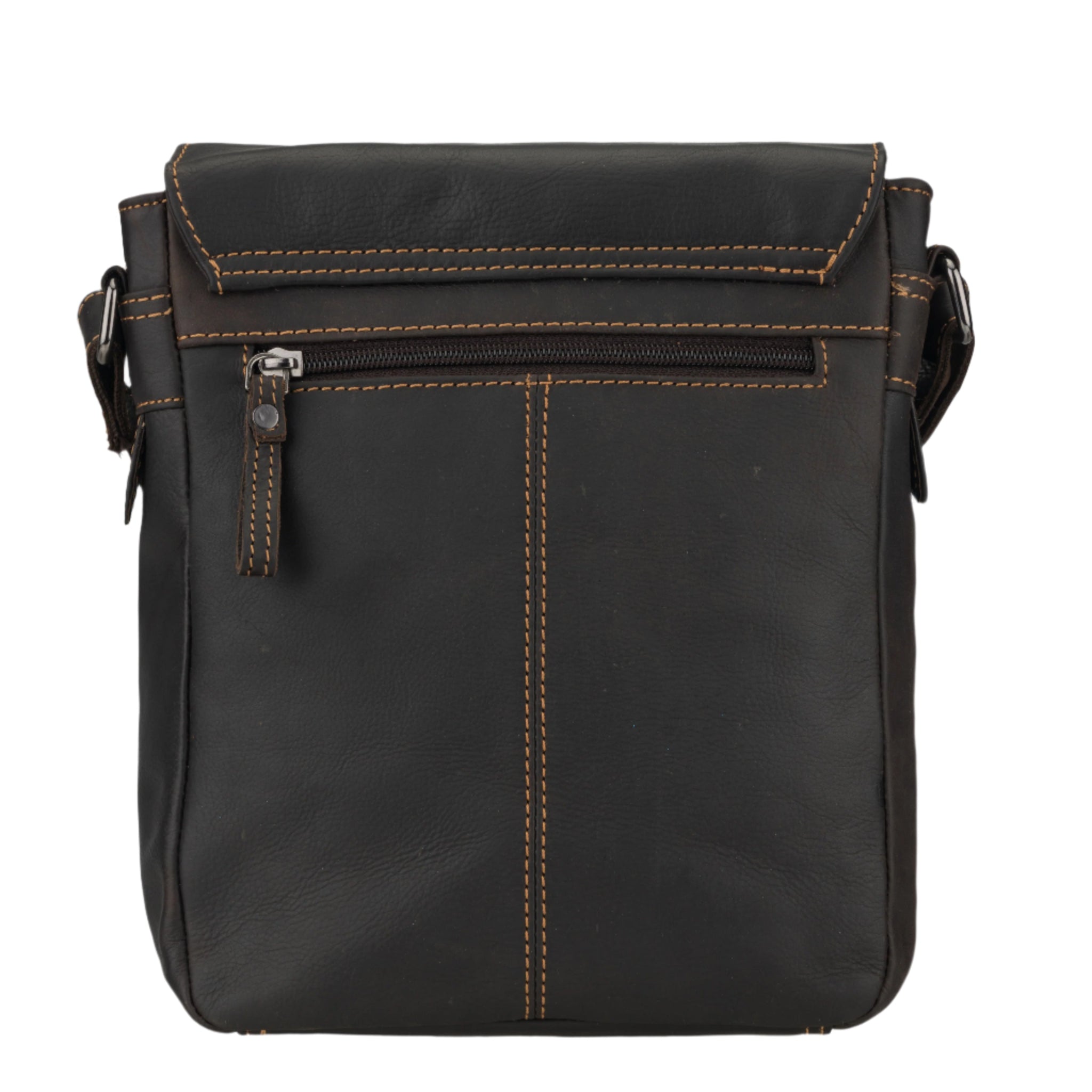 Back view of a brown Minori leather crossbody bag with a horizontal zipper pocket.