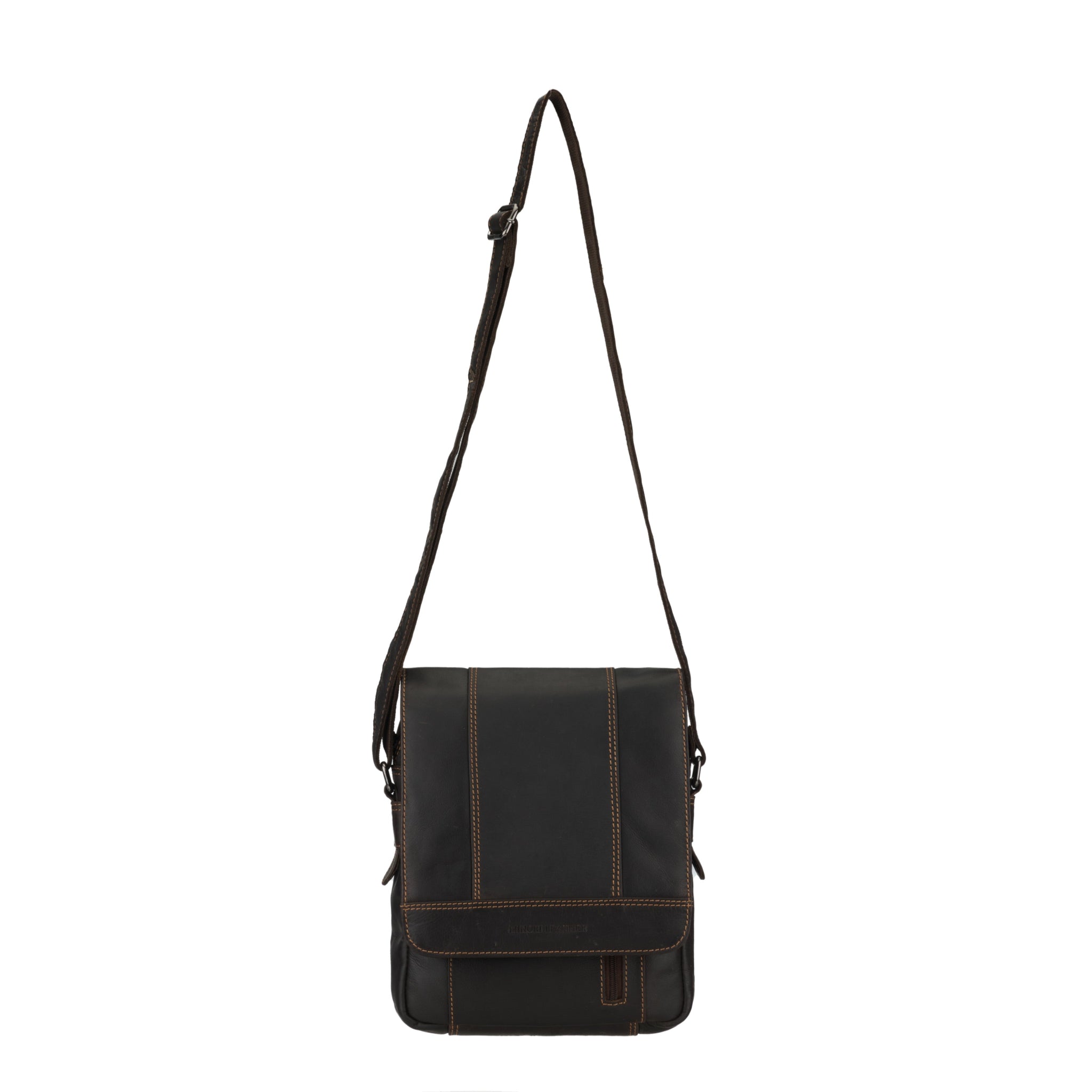 Brown Minori leather crossbody bag with a strap on a white background