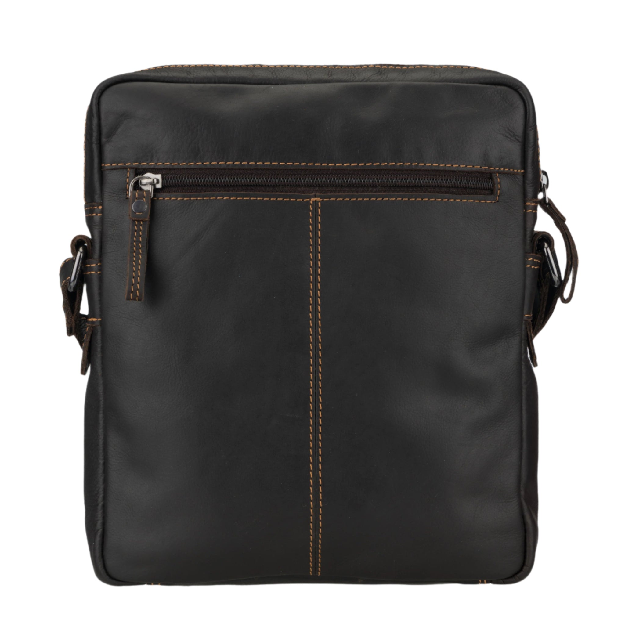 Rear view of brown Minori leather crossbody bag on a white background