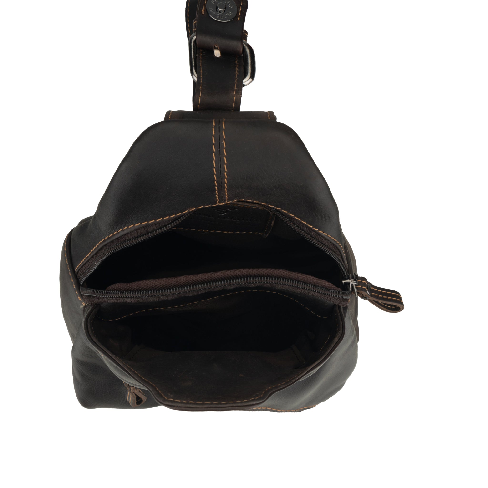 Top view of an open brown Minori leather sling bag showing inner compartments and zipper details.