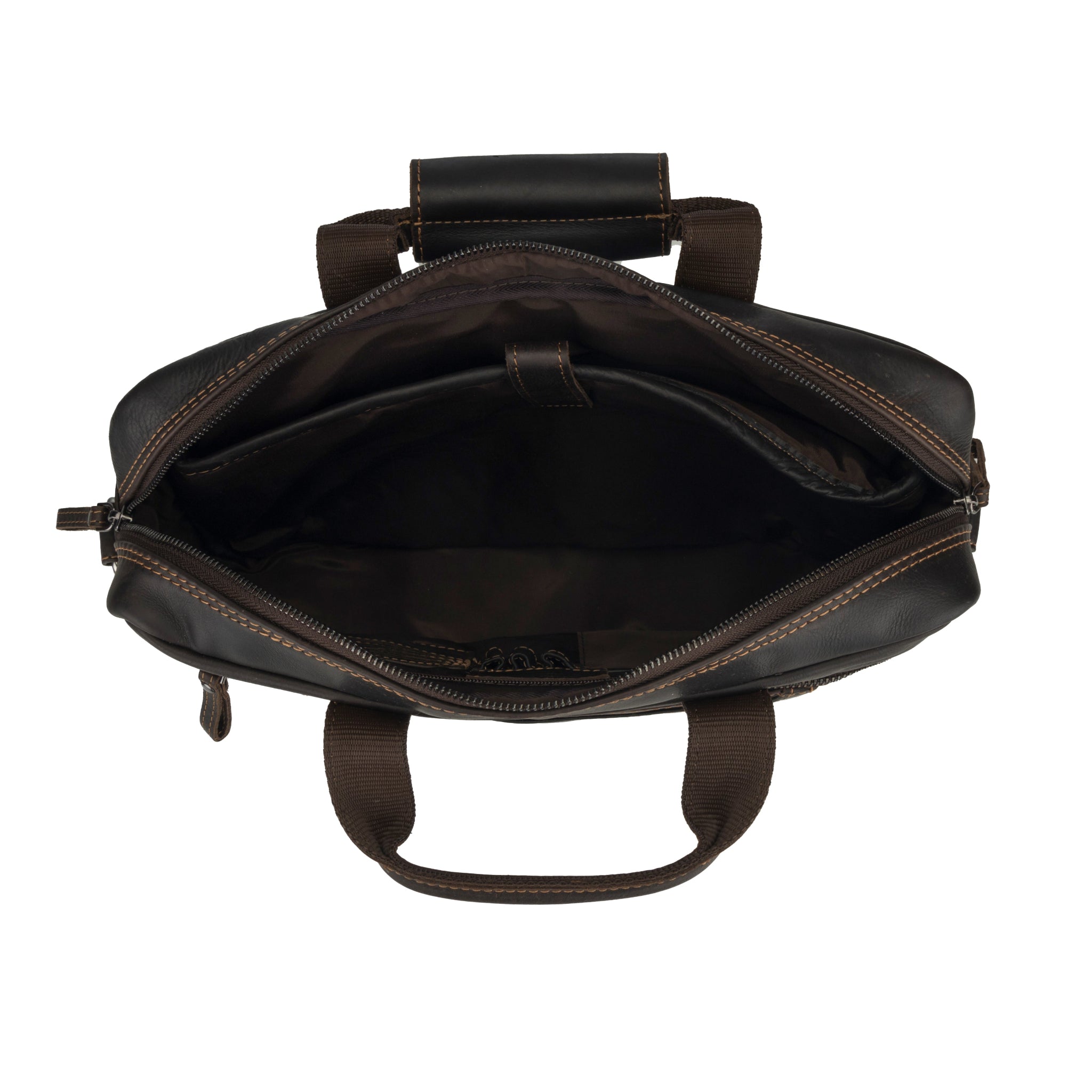 Open view of Brown Minori leather bag with handles on a white background