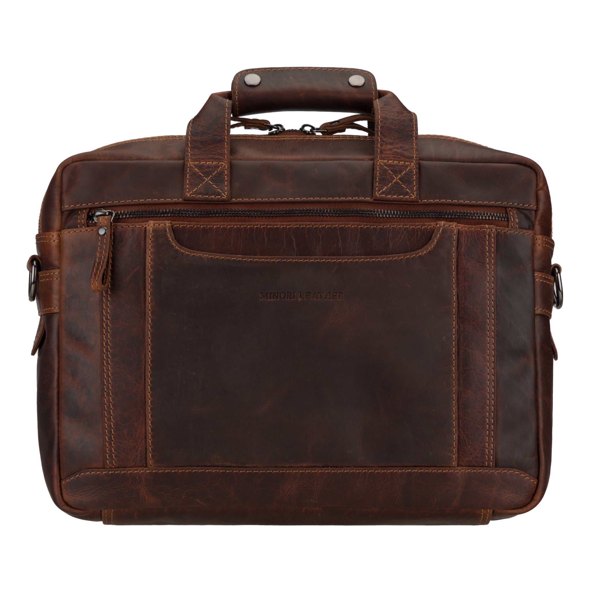 Brown Minori leather briefcase on a white background