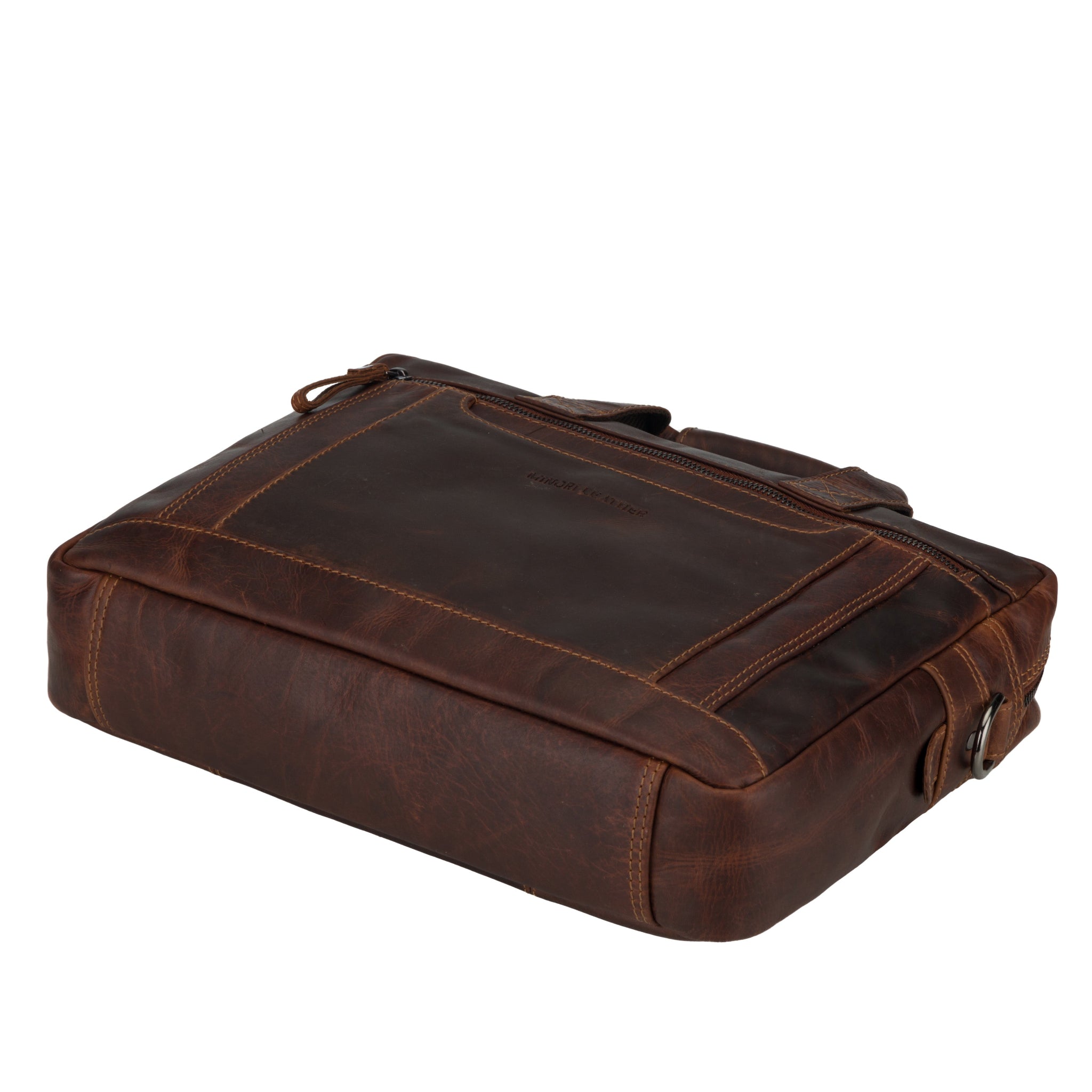 Flat lay view of Brown Minori leather bag on a white background