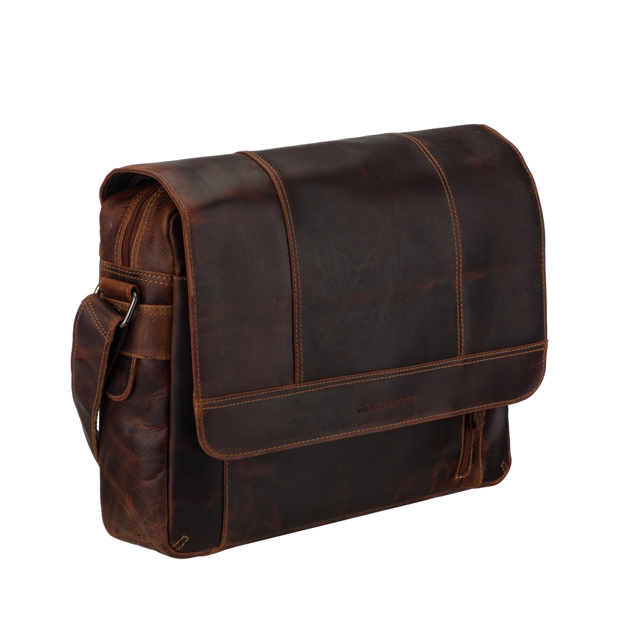 Angled view of Brown Minori leather messenger bag on a white background