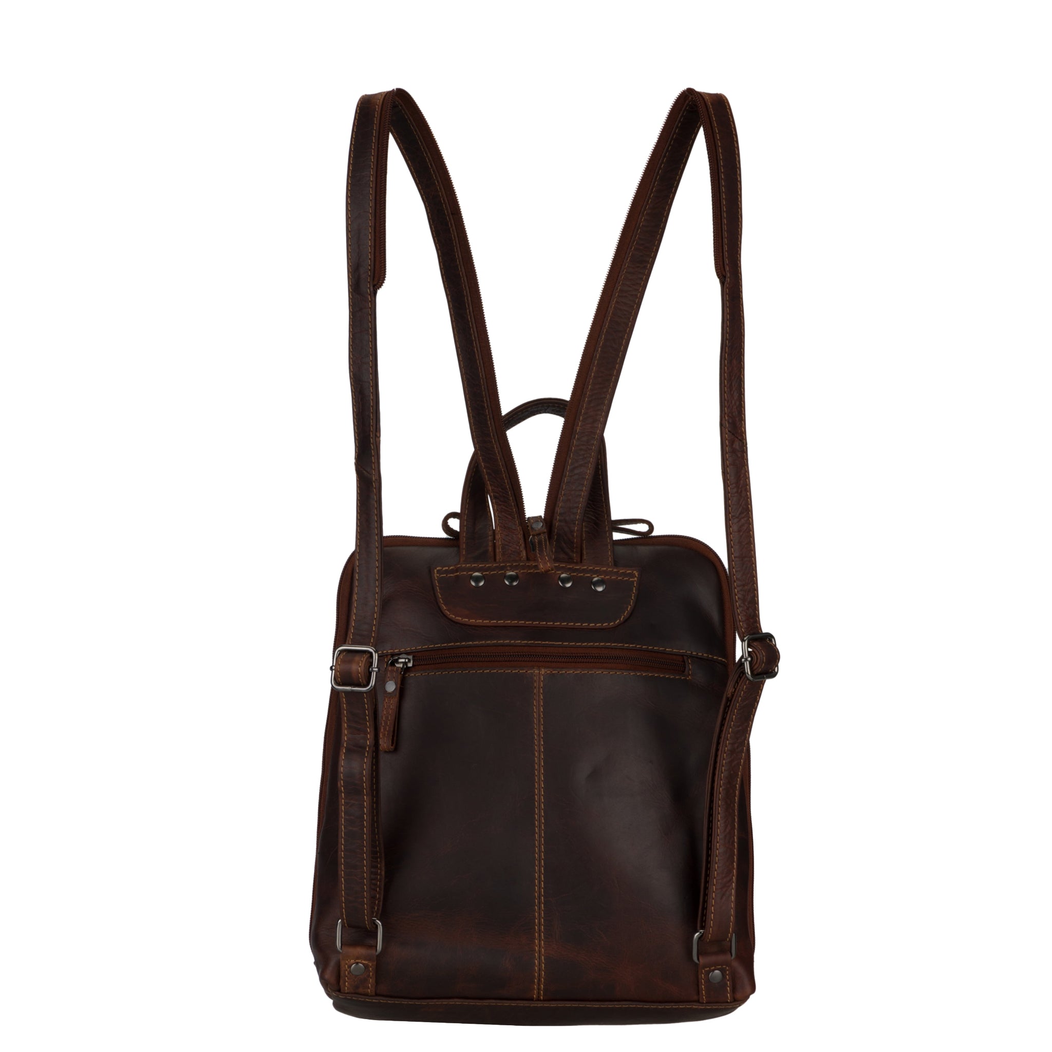 Rear view of the chestnut brown Minori leather backpack with adjustable shoulder straps and a zippered pocket.
