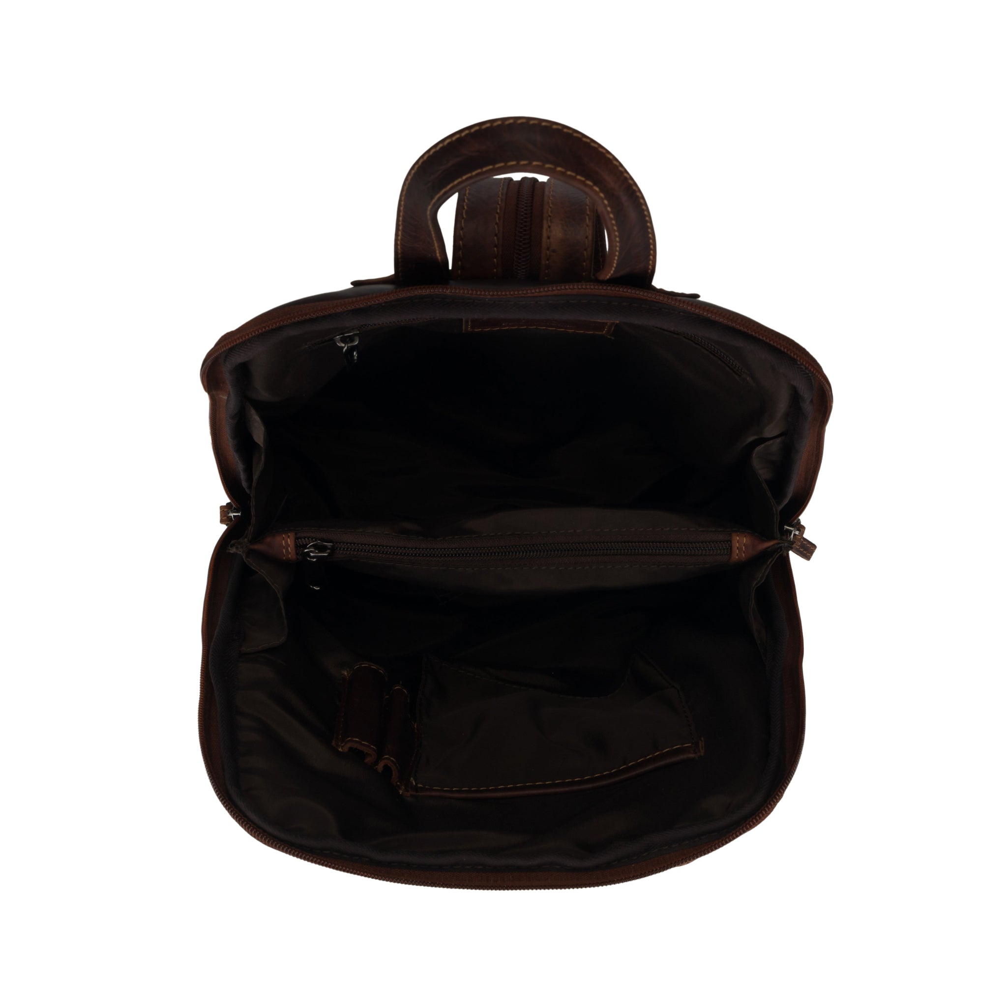 Top down open view of Brown Minori leather backpack on a white background