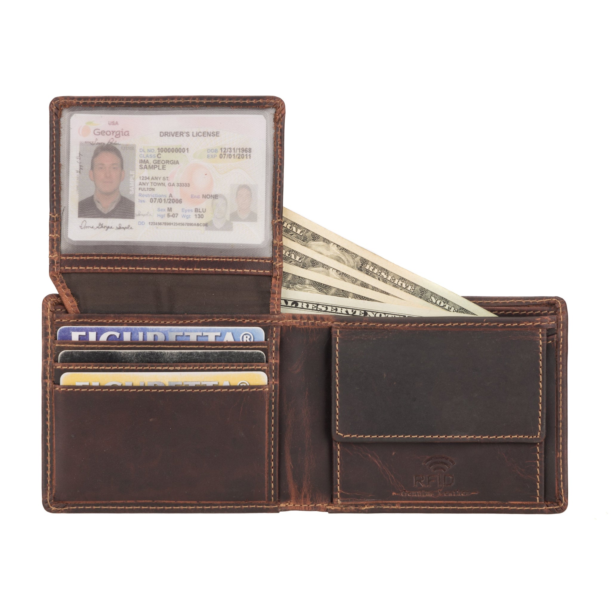 Brown Minori leather wallet with card slots and money compartment on a white background