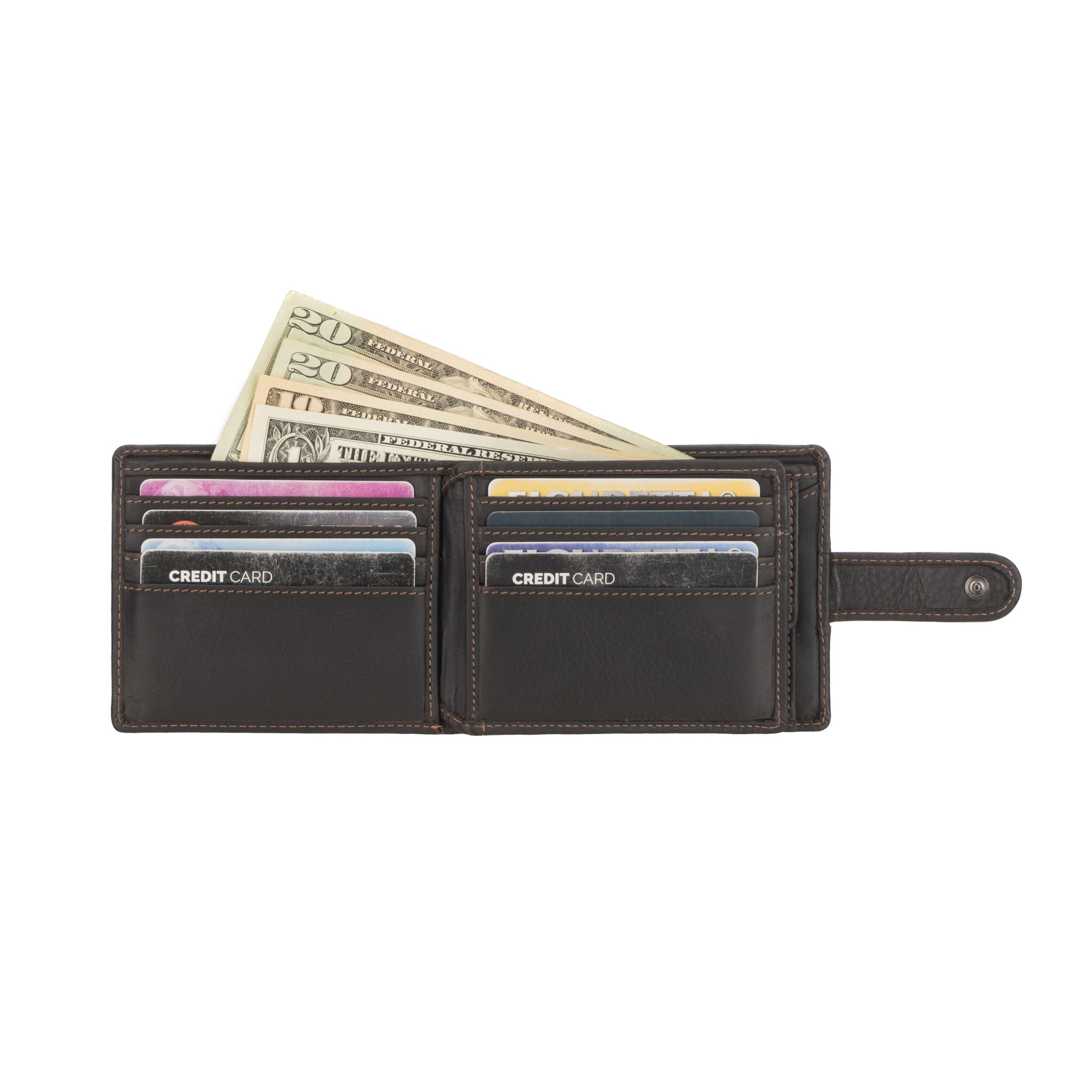 Black Minori leather wallet with money and cards on a white background