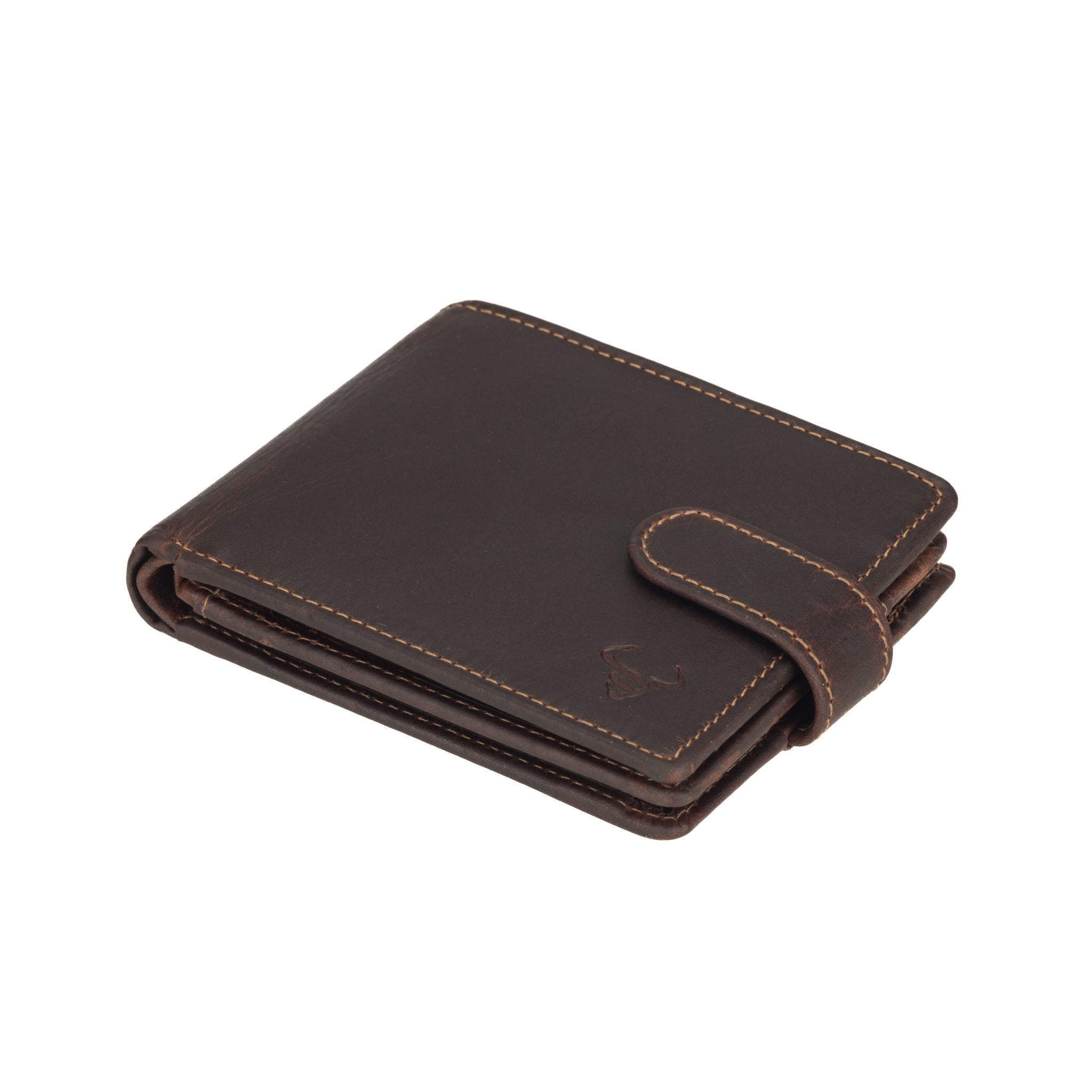 Flat Lay view of a Brown Minori leather wallet on a white background