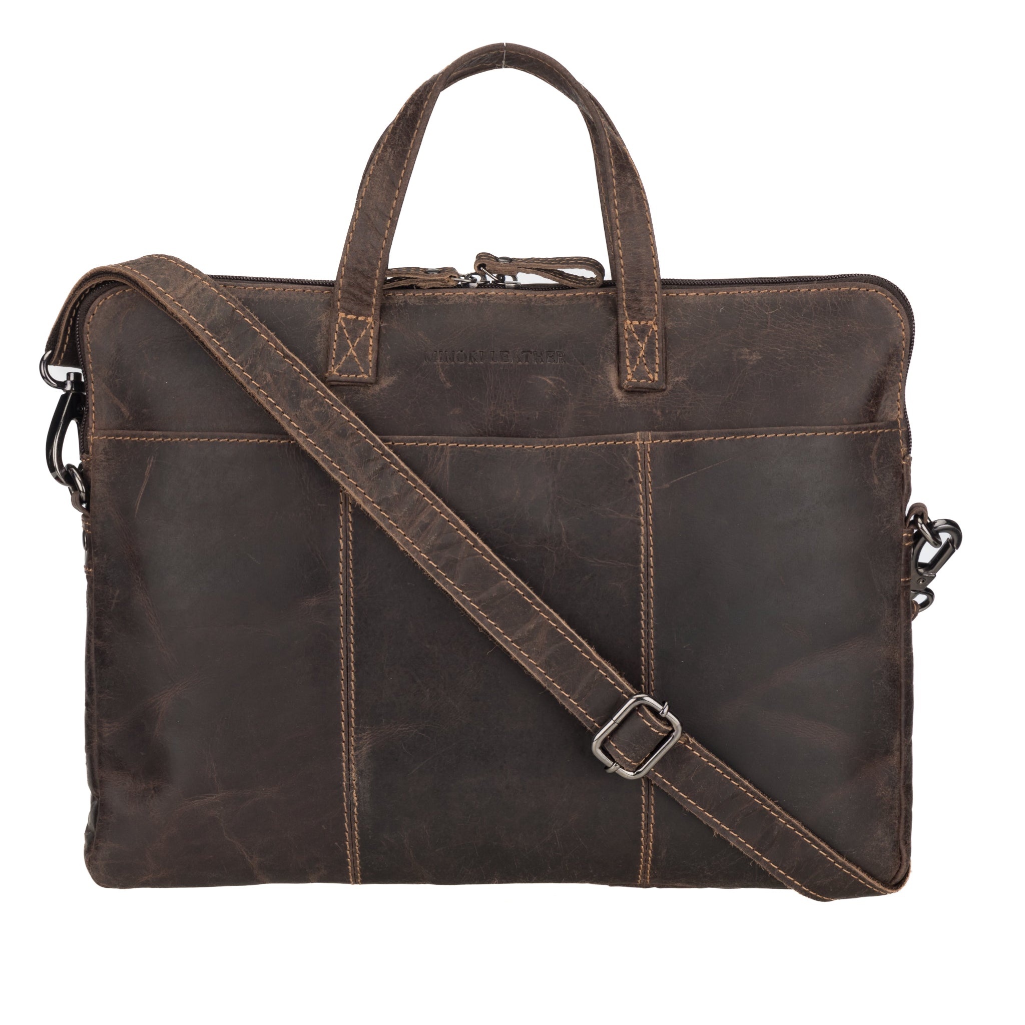 Front view of a distressed brown leather laptop bag with visible grain, short handles, and an adjustable shoulder strap.