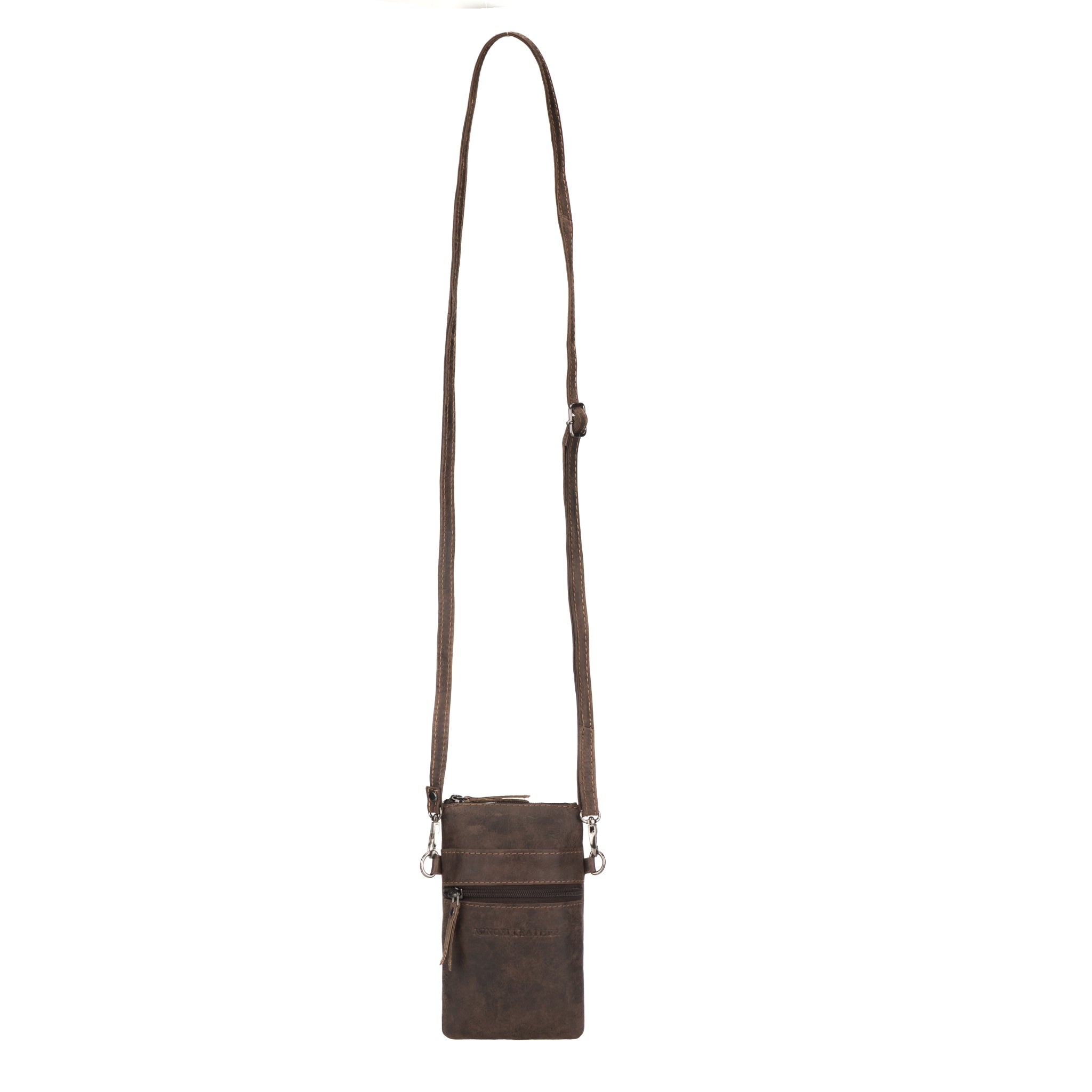 Front view of a brown Minori leather crossbody phone pouch with an adjustable long strap.