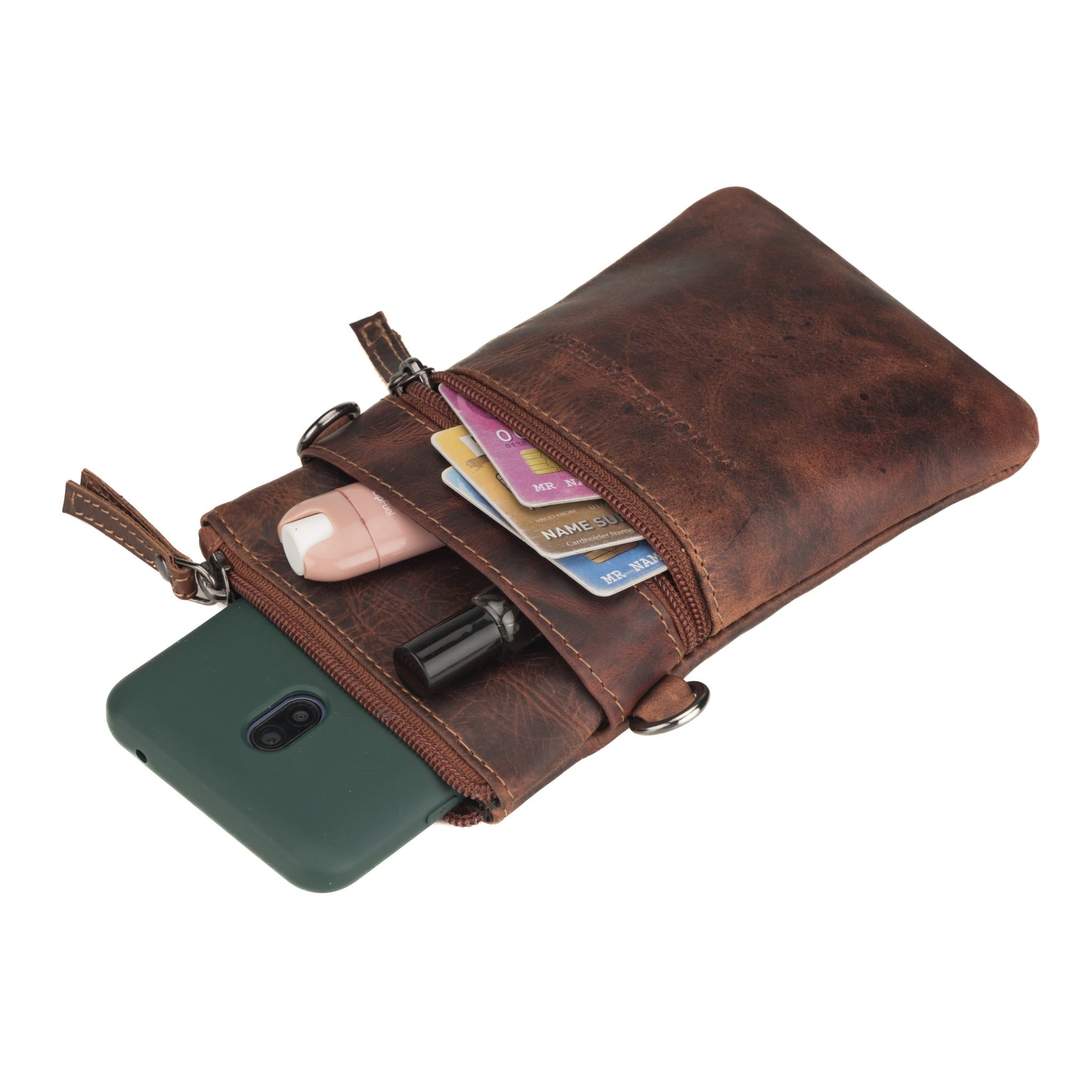Chestnut brown Minori leather pouch with items including cards, perfume, and phone displayed inside.