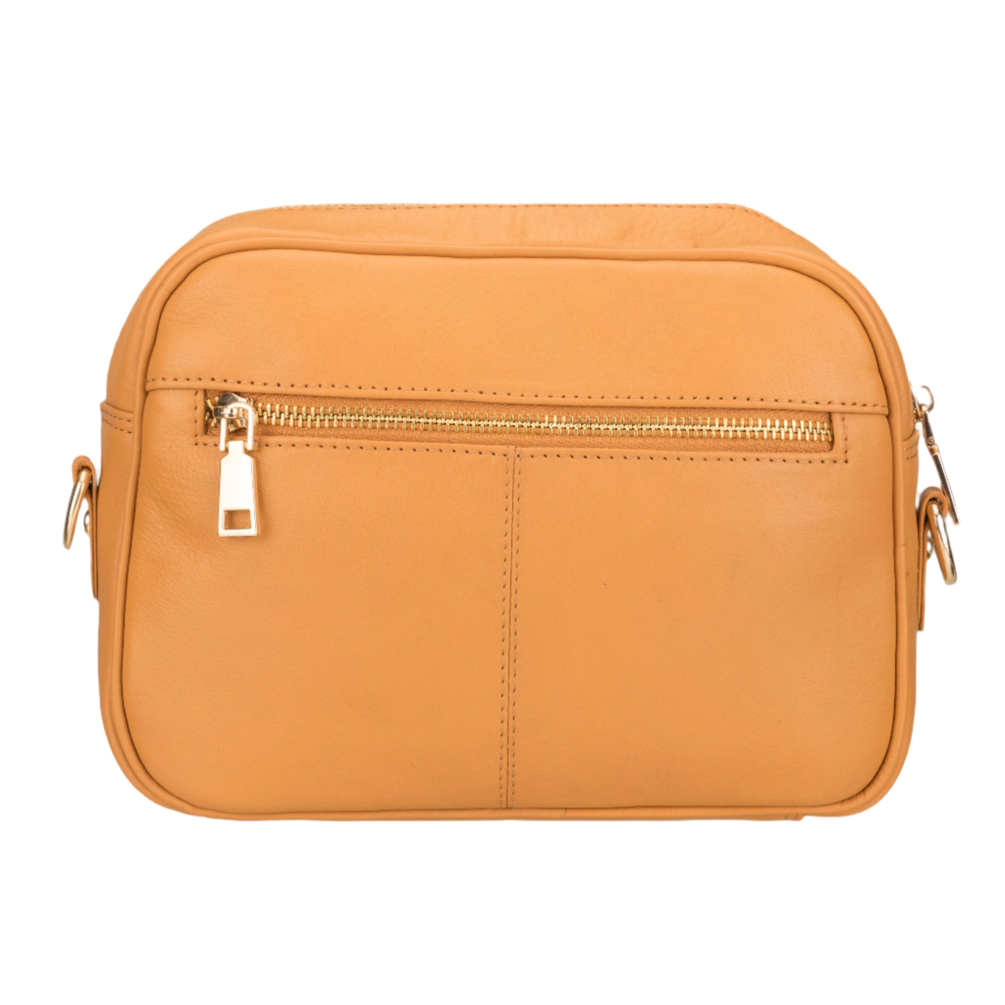 Back view of a Tan Minori leather crossbody bag featuring a horizontal gold zipper pocket and clean stitching.