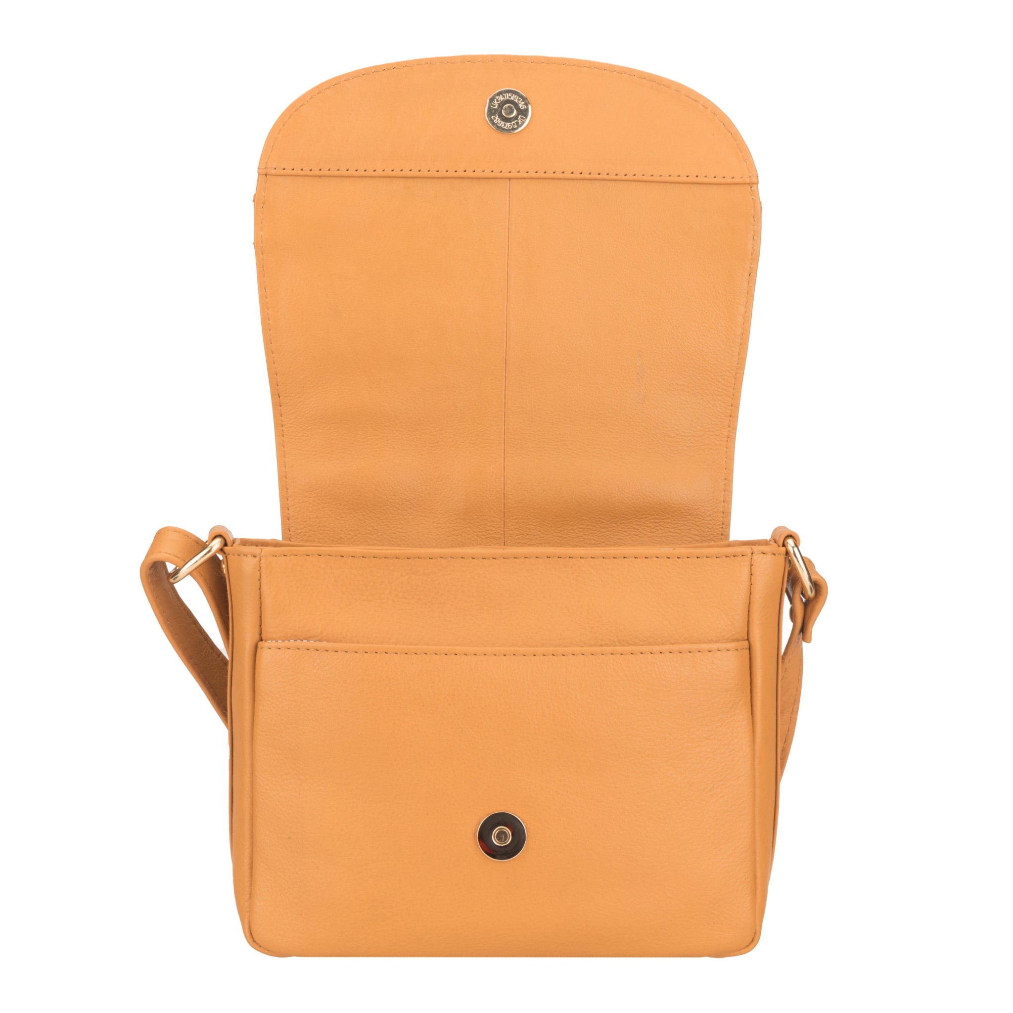 Open view of Tan Minori leather crossbody bag on a white background