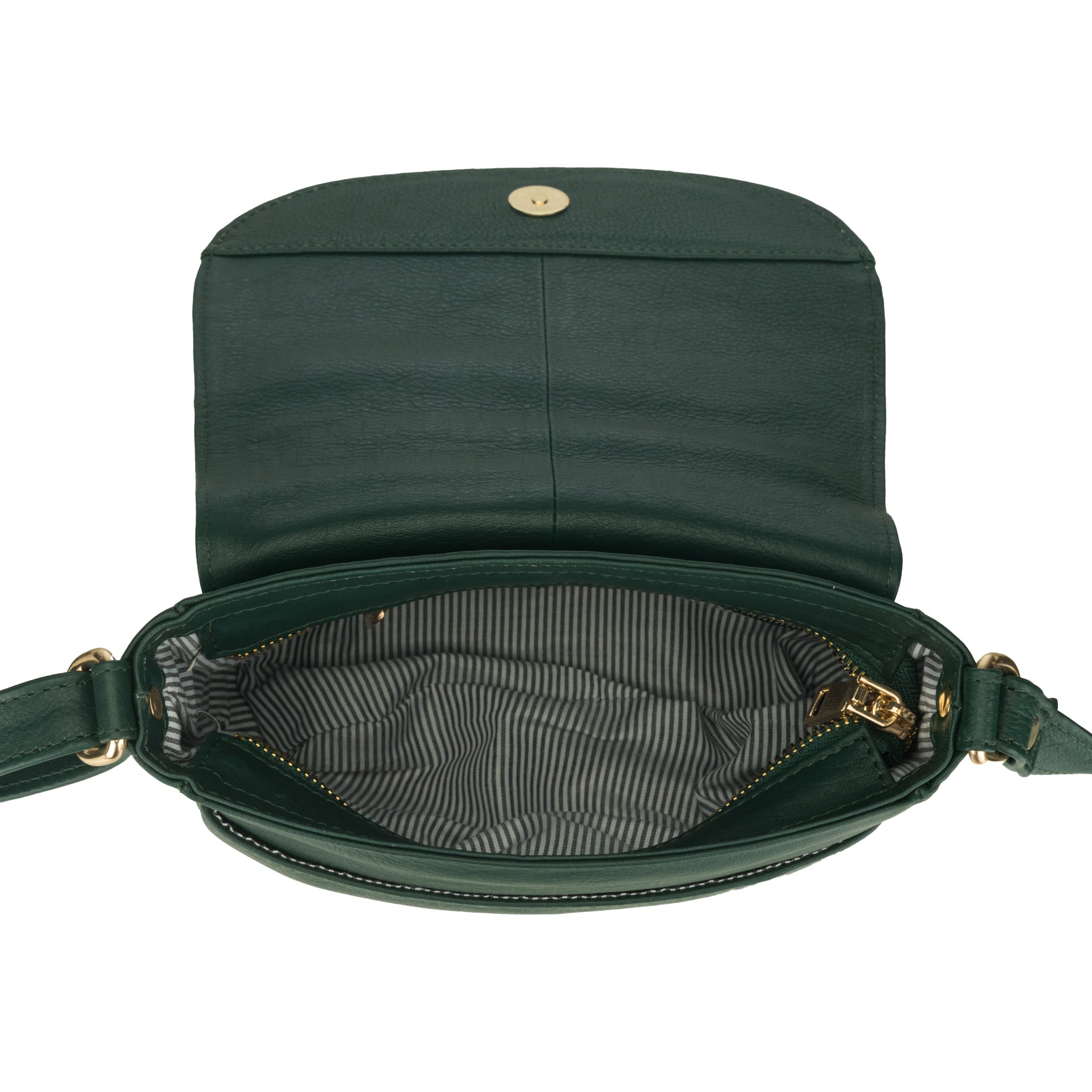 Top-down open view of Forest Green Minori leather handbag with gold accents on a white background
